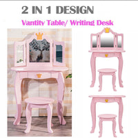 Garvee Tocador Infantil De Madera 2 En 1 Con Espejo Triple Plegable Y Cajón Para Niñas, Diseño Princesa, MDF Resistente, Taburete, Habitación Infantil