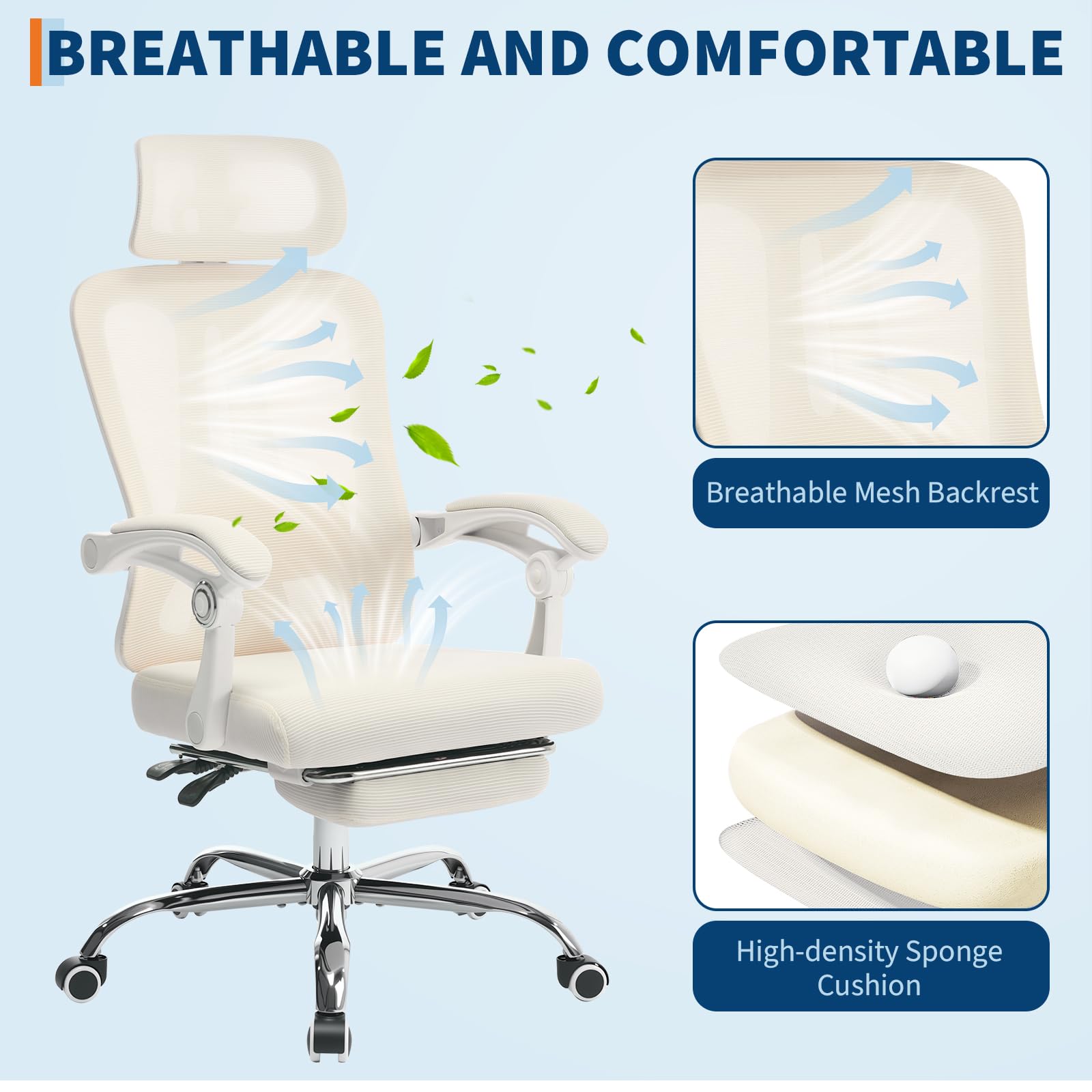 Sedia da ufficio ergonomica Garvee, schienale alto, rete, poggiatesta regolabile, poggiapiedi, beige, ufficio domestico