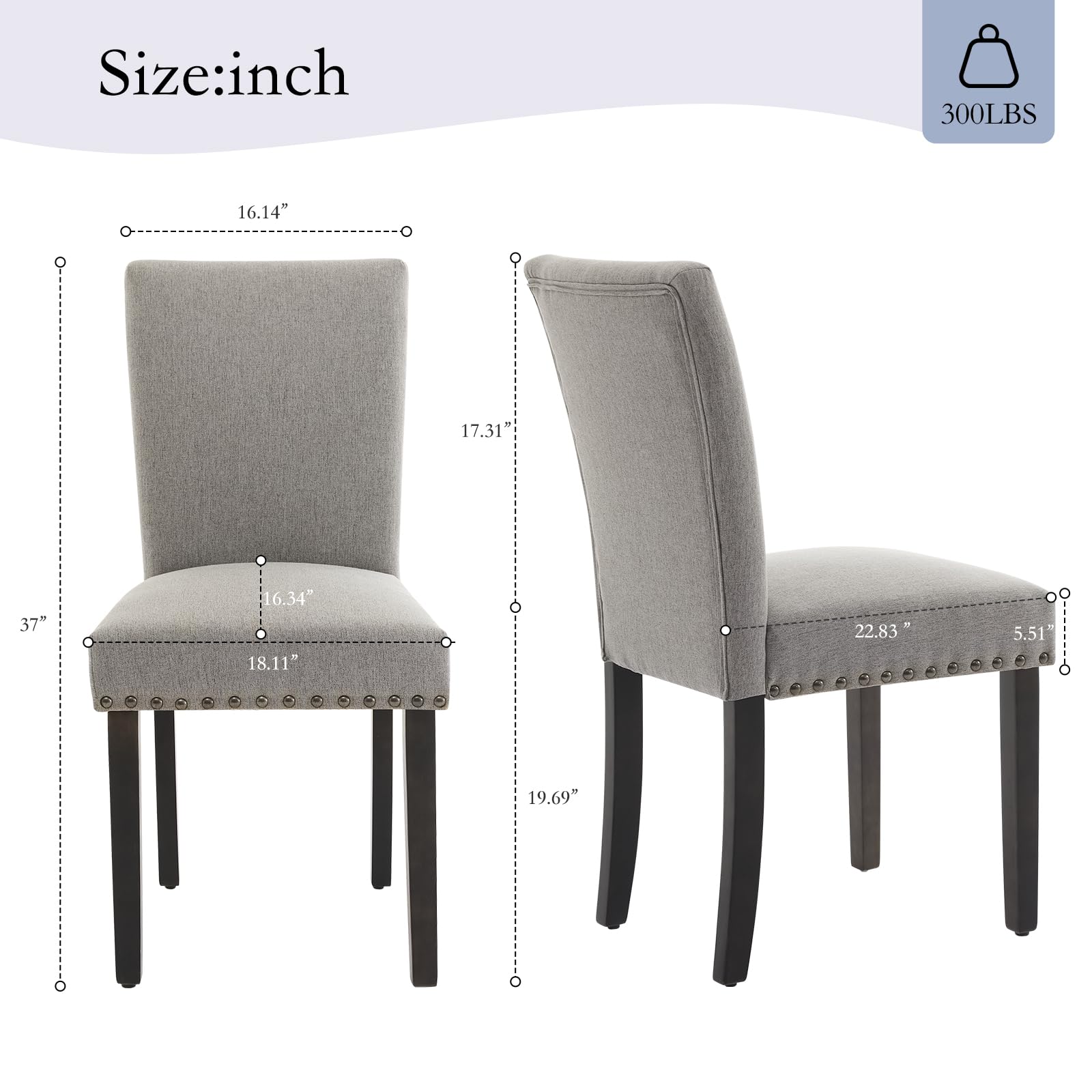 Set di 2 sedie da pranzo imbottite Garvee, tessuto, finiture con borchie, gambe in legno, ergonomiche, moderne, grigio chiaro, per cucina e ristorante