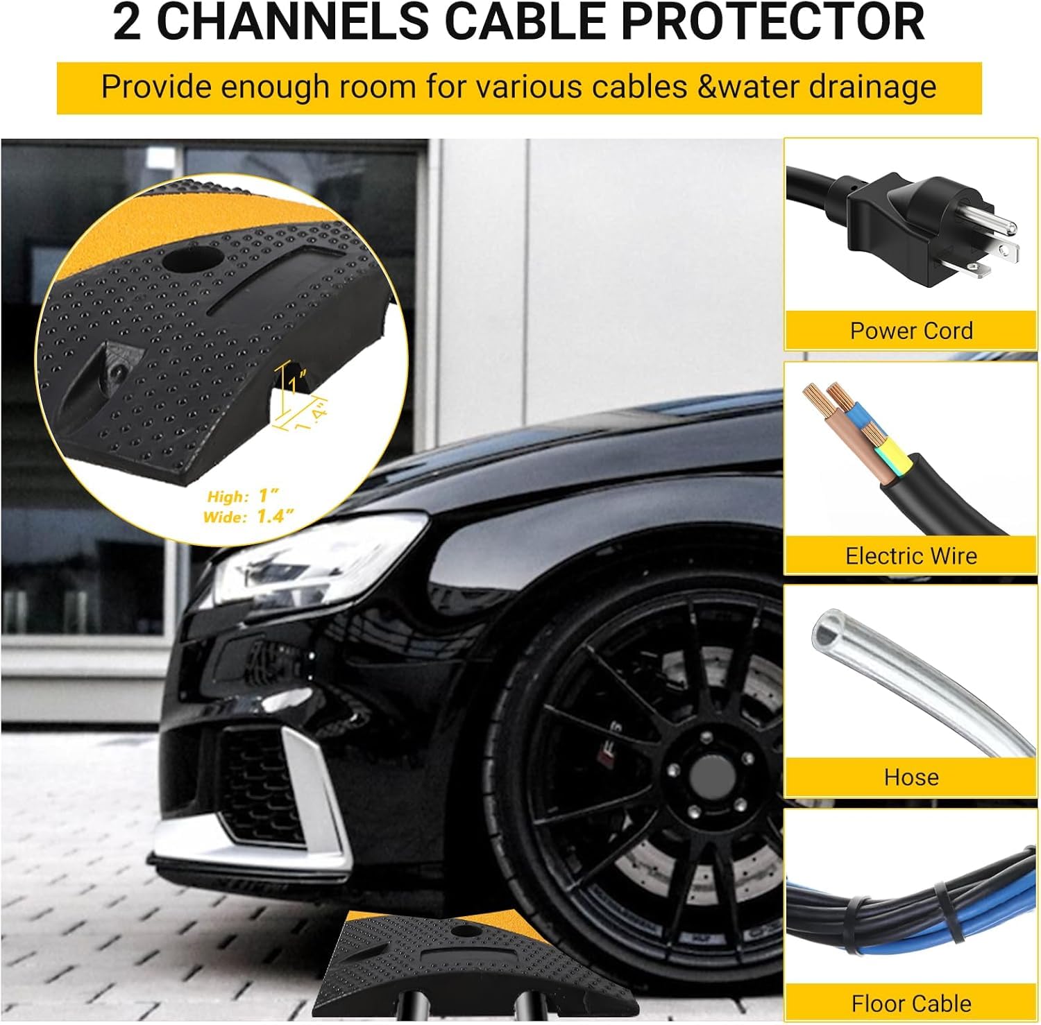 Dossi Rallentatori Gomma Garvee Cable Bridge 6 Piedi*2 con 8 Bulloni - Ideale per Strade, Parcheggi, Scuole | Carico 66000 lb Giallo
