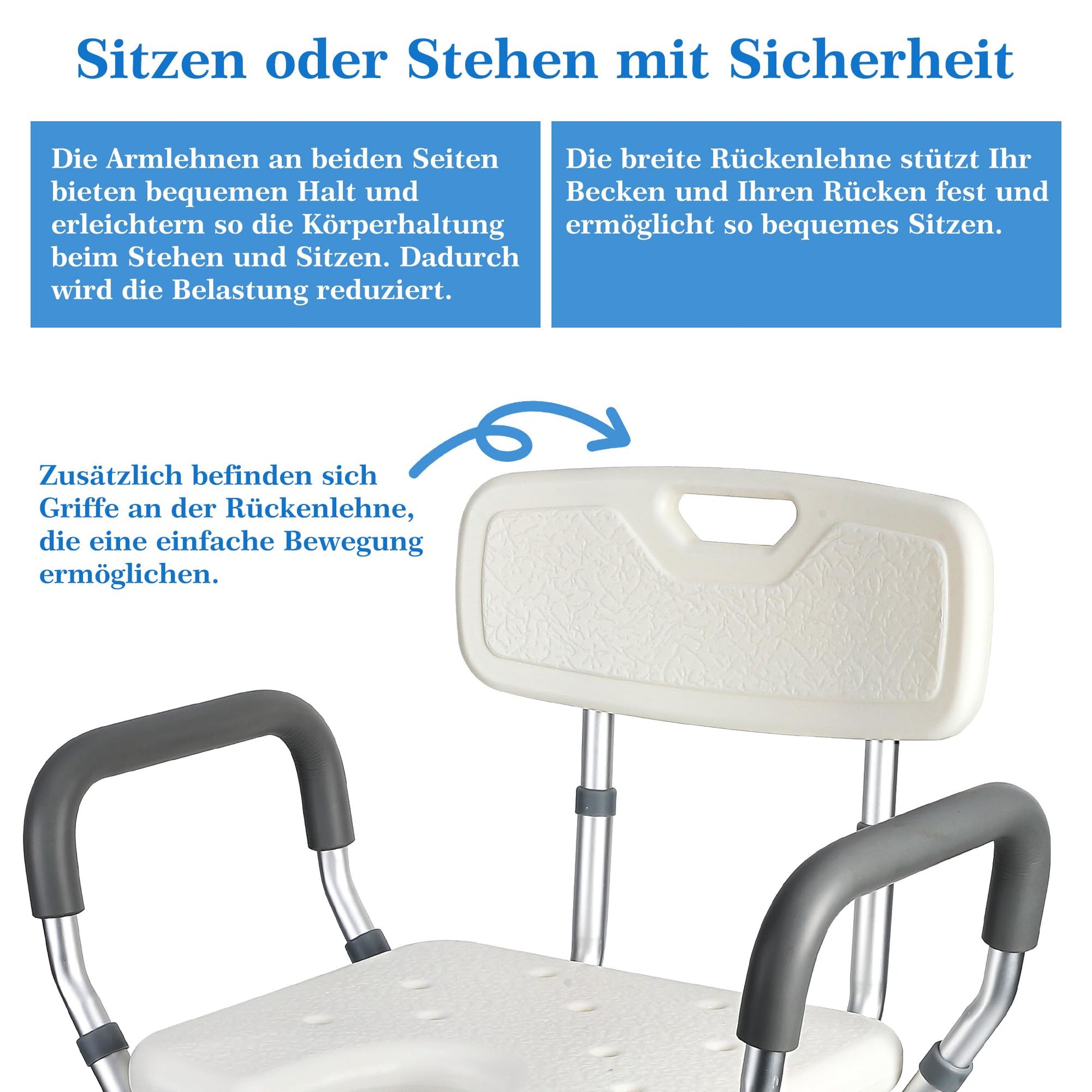 Sedia da doccia Garvee con braccioli e schienale – Sedile da doccia regolabile in altezza per anziani (fino a 158 kg), ausilio per la doccia antiscivolo, leggero e stabile – Bianco, montaggio rapido