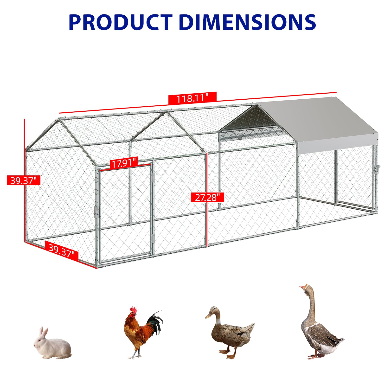 Pollaio Garvee grande 120"x40"x40" con 3 scomparti, resistente alle intemperie, in metallo robusto, sicuro per polli e conigli