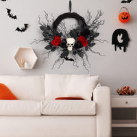 Ghirlanda per porta a forma di teschio di Halloween Garvee da 20 pollici - Ghirlanda gotica in salice con scheletro e rose nere per interni ed esterni coperti, nera
