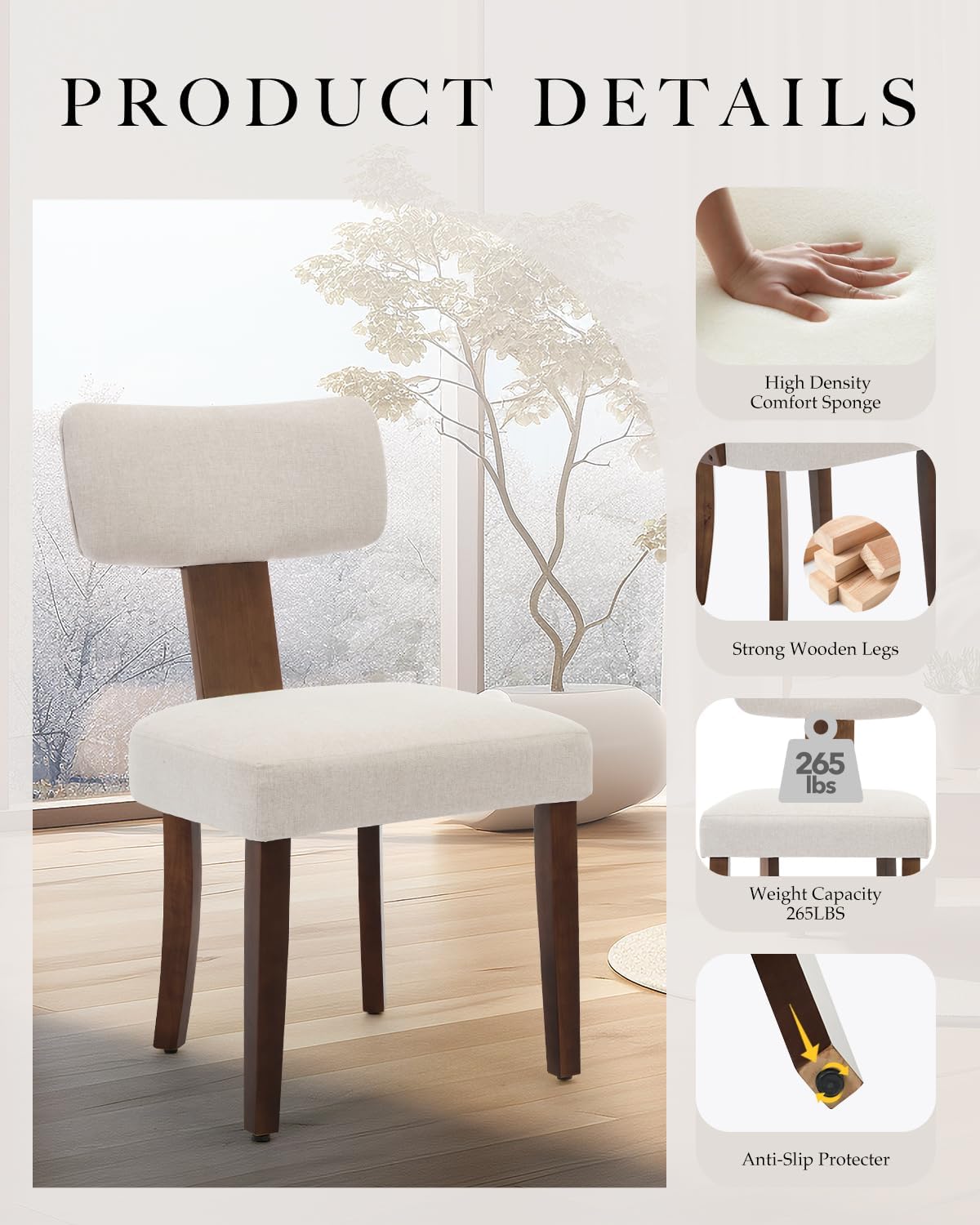 Sedie da pranzo Garvee, set da 2, rivestimento in tessuto, schienale ergonomico curvo, struttura in legno, antigraffio, beige, mobili per cucina e sala da pranzo