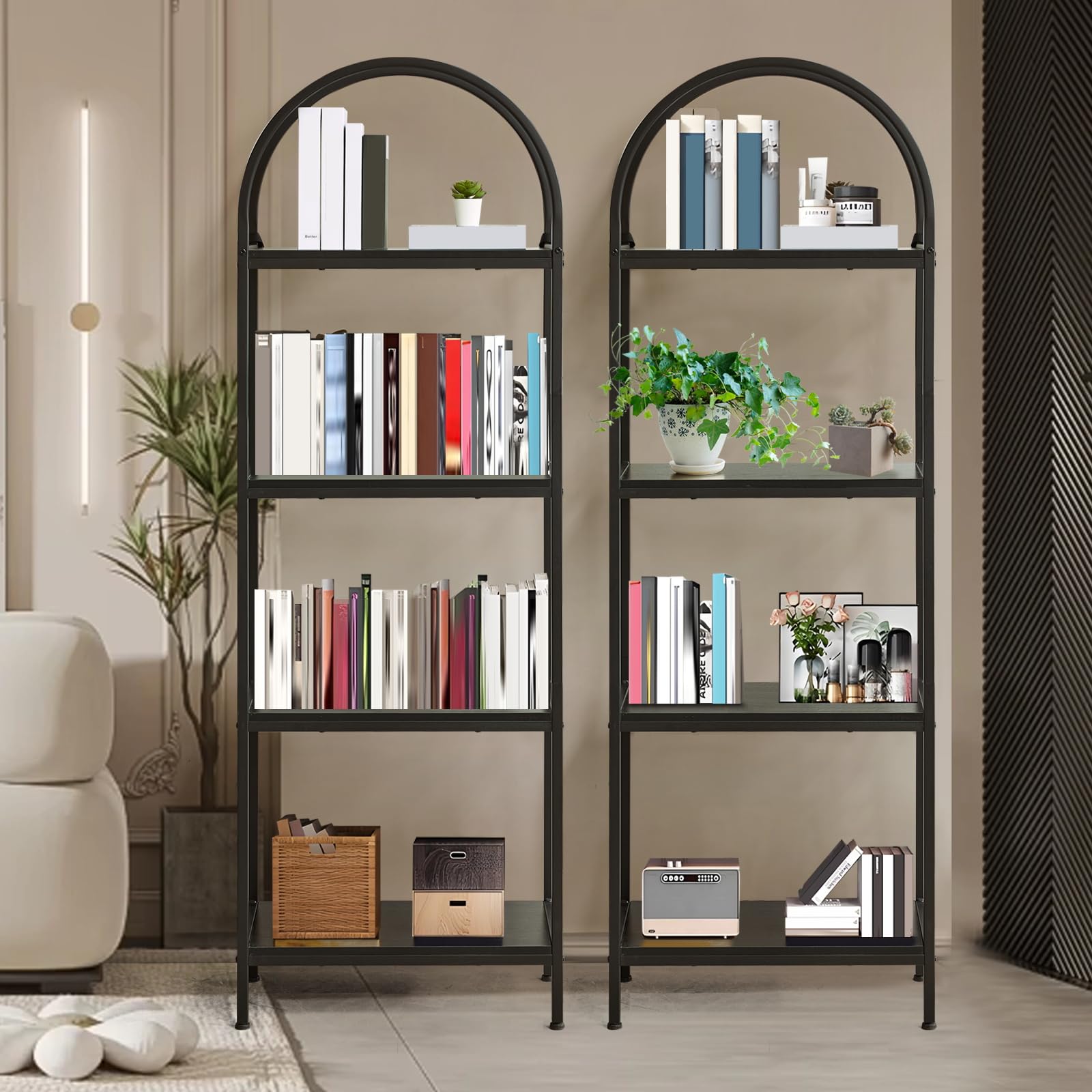 Libreria ad arco Garvee a 4 ripiani, struttura in metallo, moderna e robusta, per soggiorno, ufficio, nero