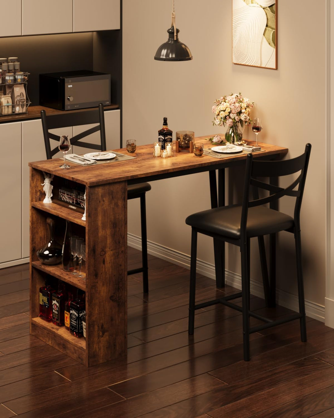 Set tavolo da bar Garvee da 3 pezzi con funzione pieghevole, spazio di archiviazione, acciaio e legno, cuscini ergonomici, marrone, per cucine piccole