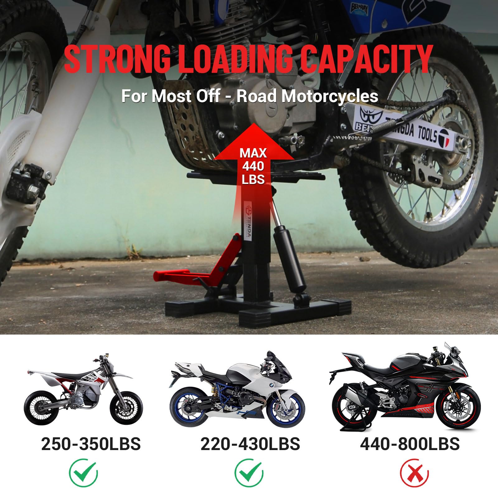 Supporto di sollevamento idraulico per moto da cross Garvee, capacità di 440 libbre, altezza regolabile, acciaio, gomma antiscivolo, per officina e garage