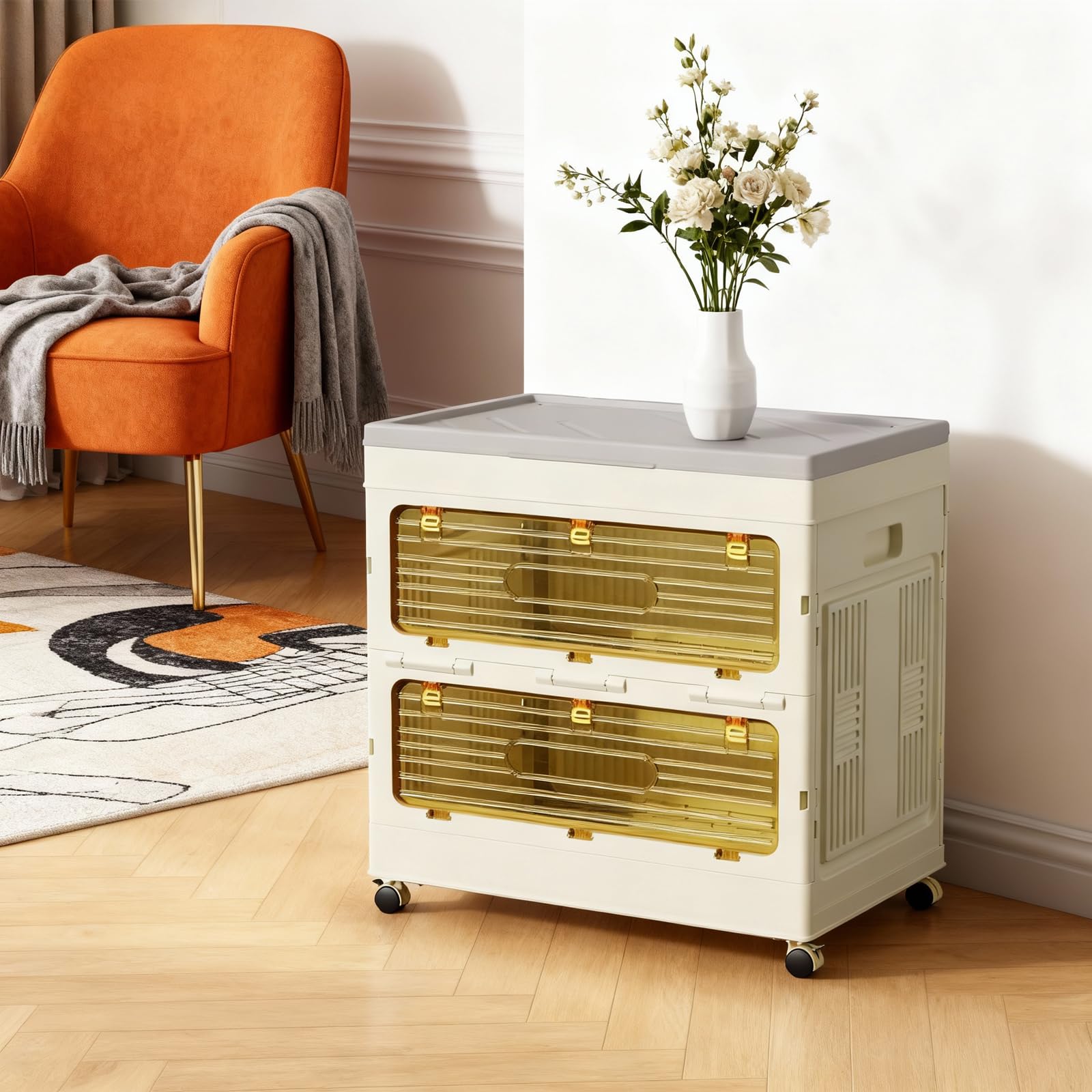 Contenitore pieghevole Garvee da 135 litri con coperchio e ruote per camera da letto e ufficio, robusto, impilabile, facile da spostare, grigio