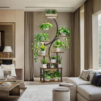 Supporto per piante Garvee con luce di coltivazione, 8 ripiani, metallo e legno, per interni, giardino, balcone, altezza 150 cm, nero