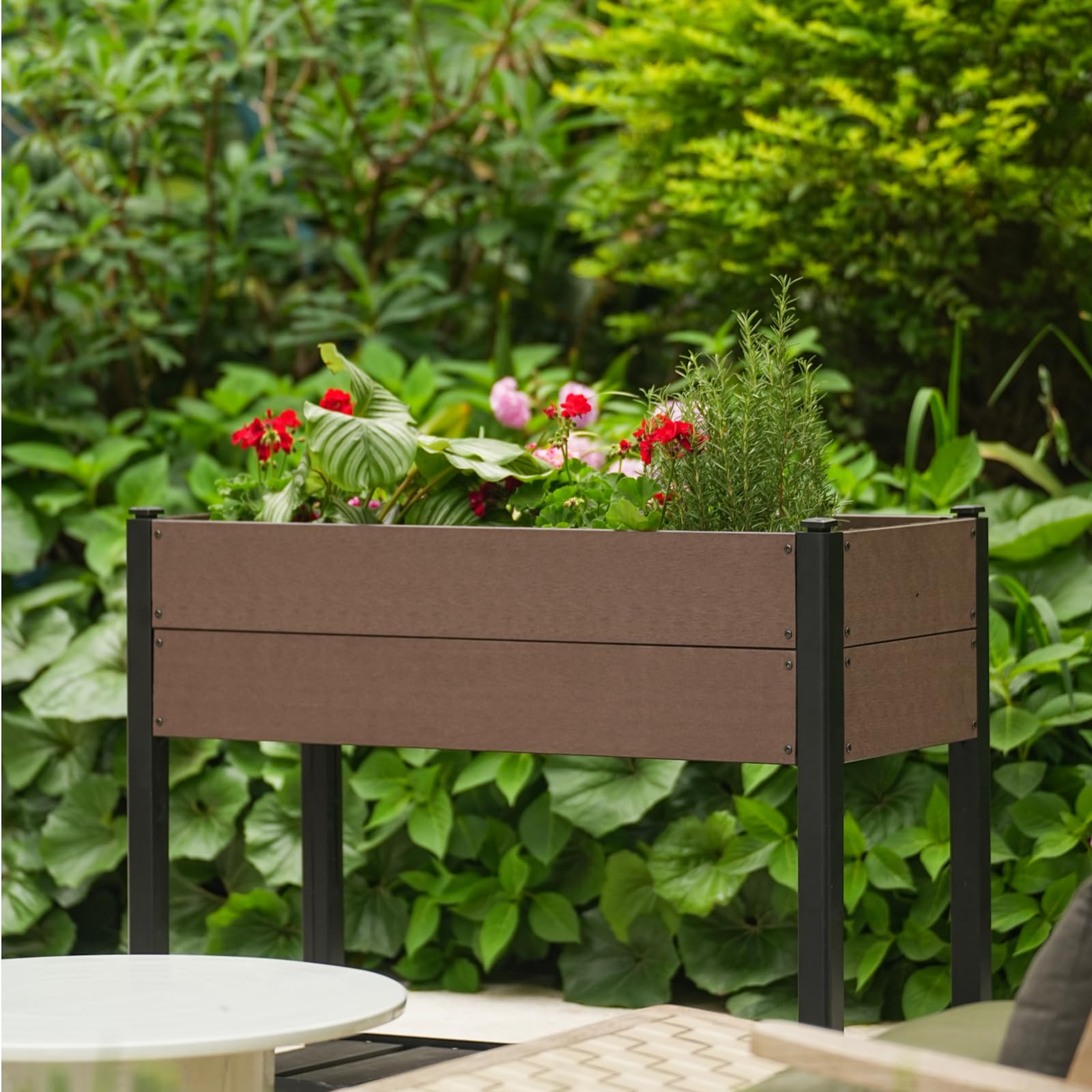 Aiuola rialzata Garvee in HDPE con ripiano, resistente alle intemperie, stabile, struttura in alluminio per balcone e giardino, senza sostanze chimiche, 100x50x30 cm, grigio