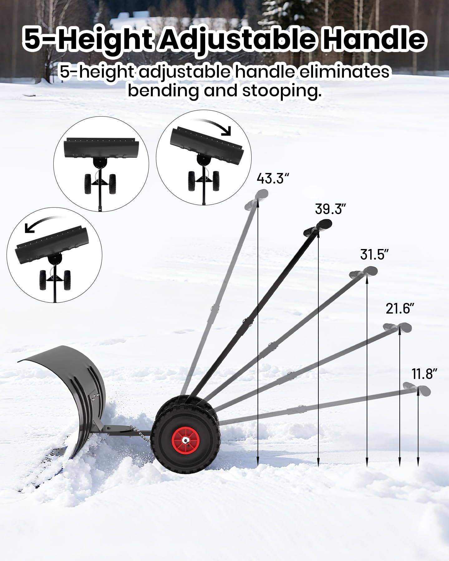 Pala da neve Garvee con ruote, lama in acciaio da 36", regolabile in 5 posizioni, impugnatura ergonomica, base in plastica, ruote in gomma da 9,3" per vialetti, robusta ed efficiente