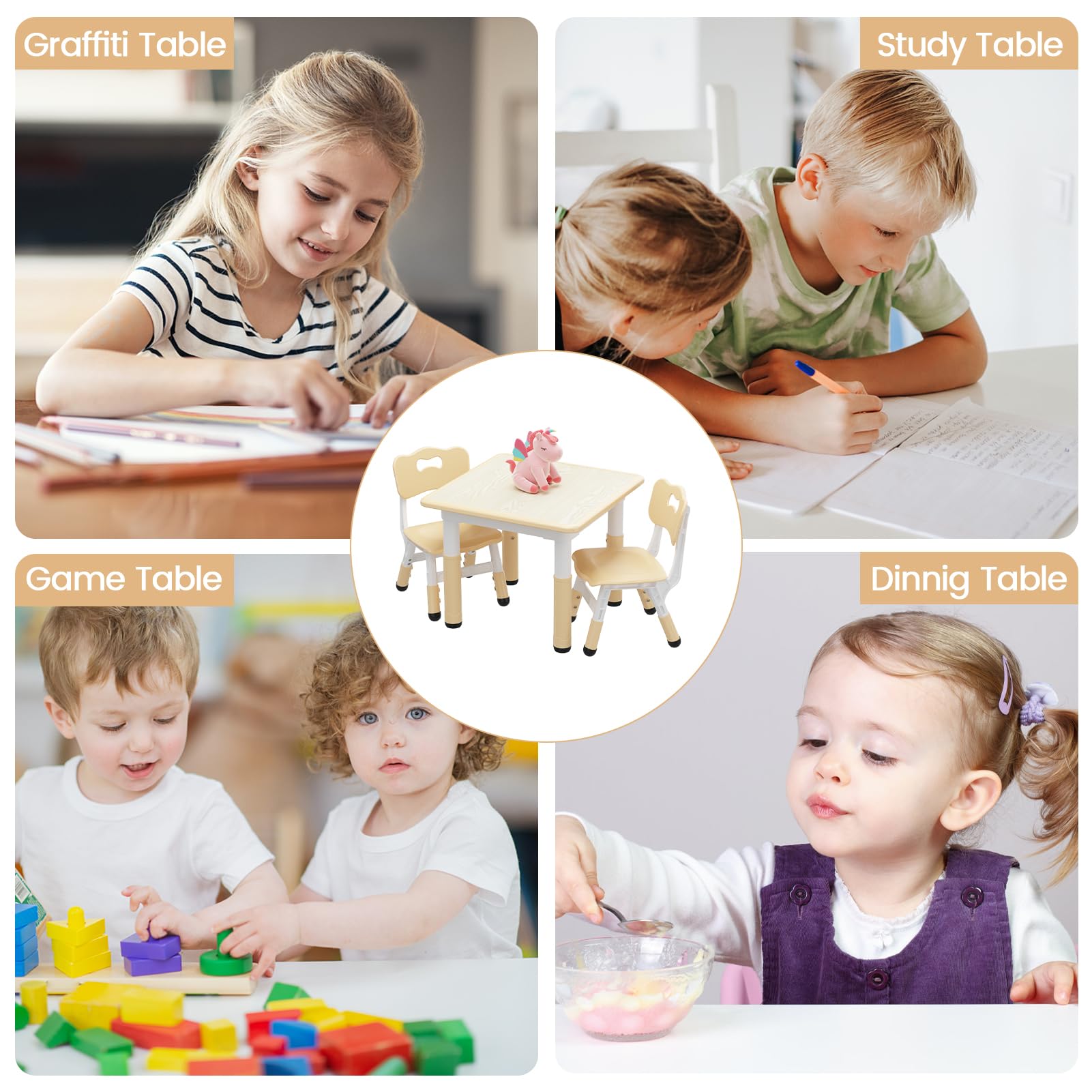 Garvee Set Tavolo e 2 Sedie per Bambini Regolabile in Altezza 4 in 1 MDF e Plastica per Studio e Gioco, 23.6"x23.6", Multicolore