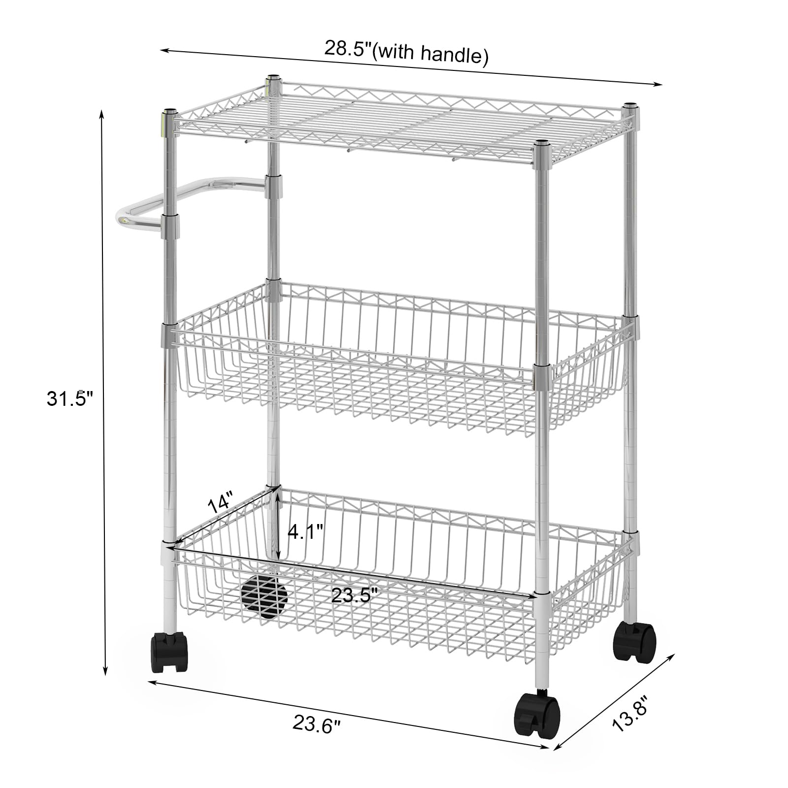 Carrello in metallo Garvee a 3 ripiani con cestini, ripiani regolabili per cucina e bagno, altezza 31,5", cromato
