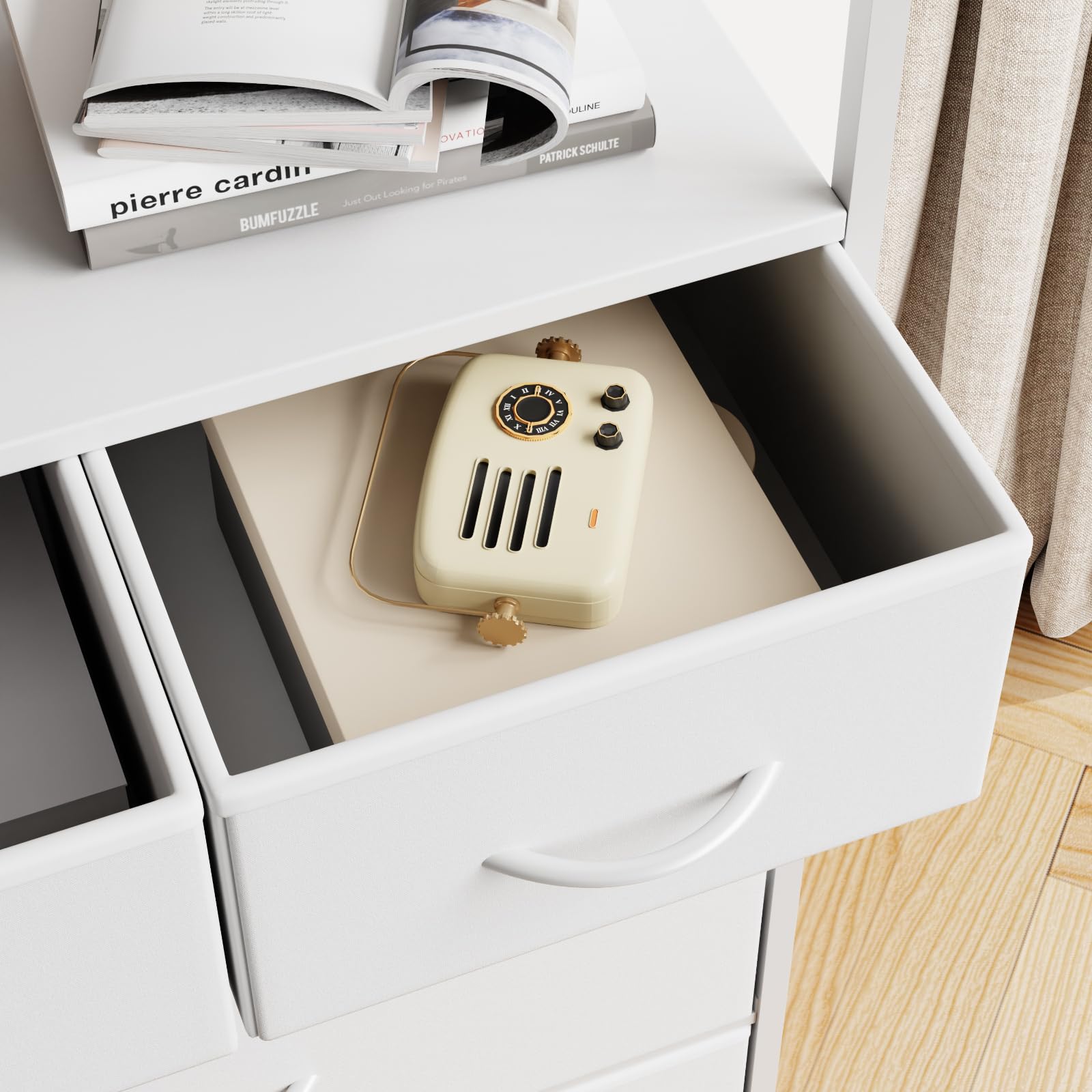 Cassettiera Garvee con 5 cassetti, frontale in tessuto, struttura in metallo, piano in legno, per camera da letto e corridoio, robusta, grigia