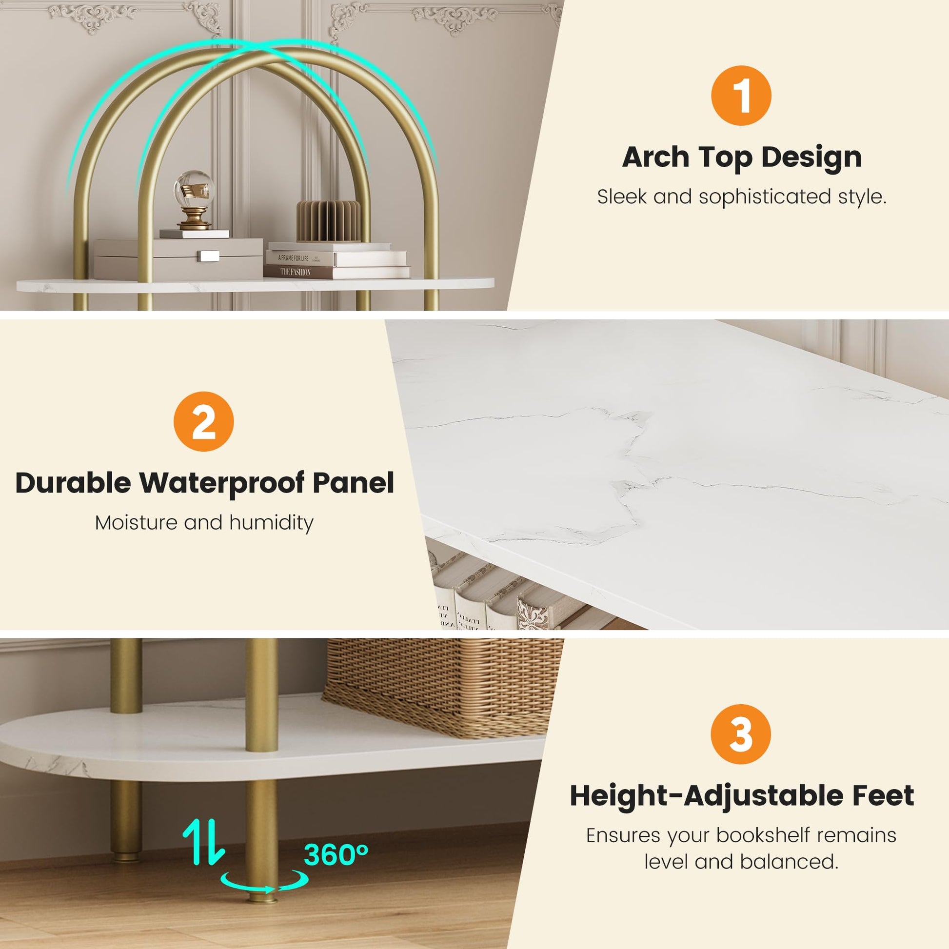 Scaffale ad arco Garvee da 71" con struttura in metallo a 5 ripiani, colore bianco marmo dorato, per soggiorno, ufficio, camera da letto, robusto e sicuro.