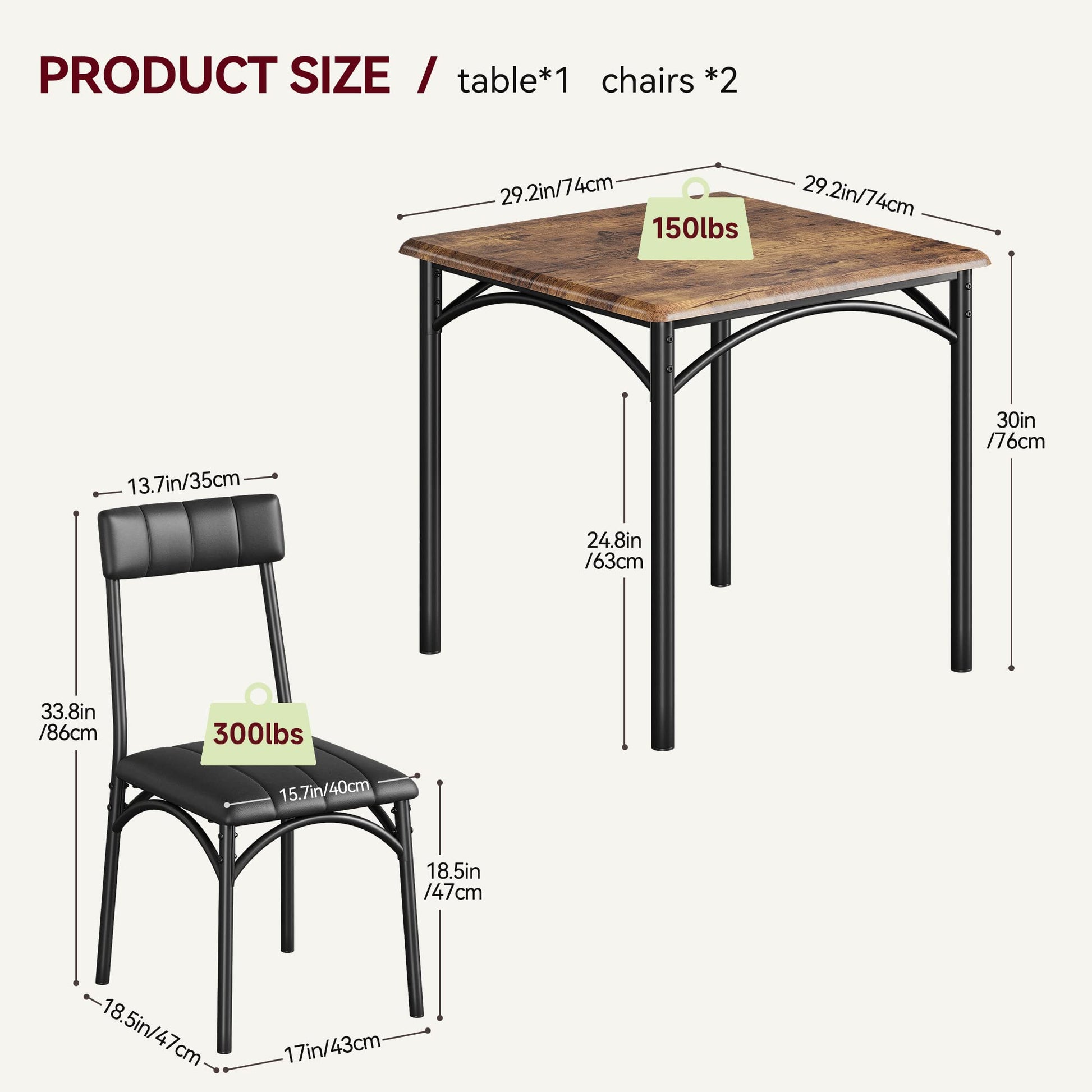 Set da pranzo Garvee per 2 persone, tavolo da cucina quadrato marrone rustico con sedie imbottite, robusto MDF e acciaio, salvaspazio