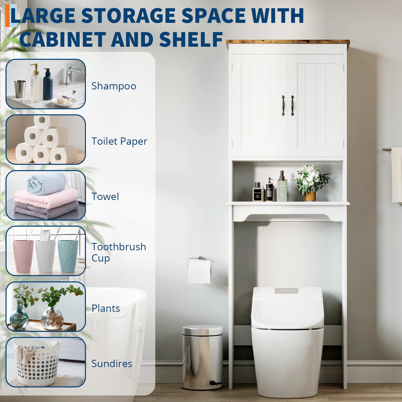 Mensola da bagno Garvee sopra il WC, 66 pollici di altezza, doppie ante, ripiani regolabili, legno, bianco, salvaspazio