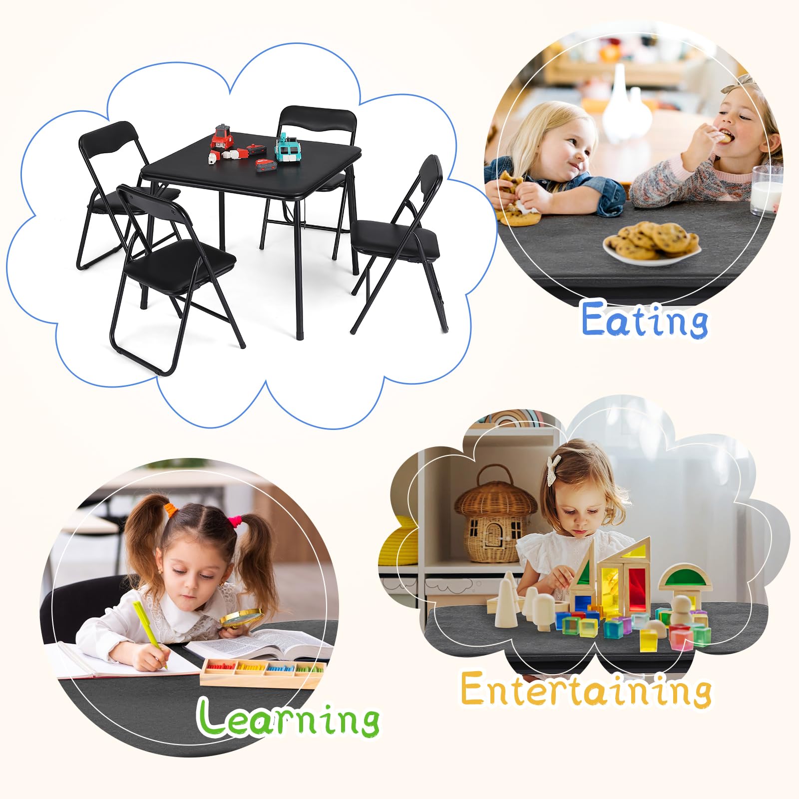 Set tavolo e sedie pieghevoli per bambini Garvee con struttura in metallo, imbottito, stabile, sicuro, salvaspazio, nero, per mangiare e giocare