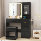 Garvee Tavolo Trucco Vanity con Specchio LED 3 Modalità, 4 Cassetti, Porta Phon, Sgabello Imbottito Nero 94x40x140 cm - Nero