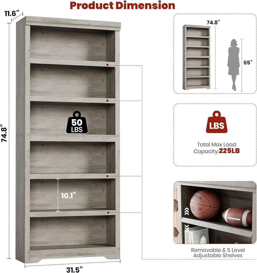 Garvee Libreria a 6 Ripiani Alta Regolabile Design Antiscivolo MDF Robusto Stile Rustico Grigia per Casa e Ufficio 191 cm