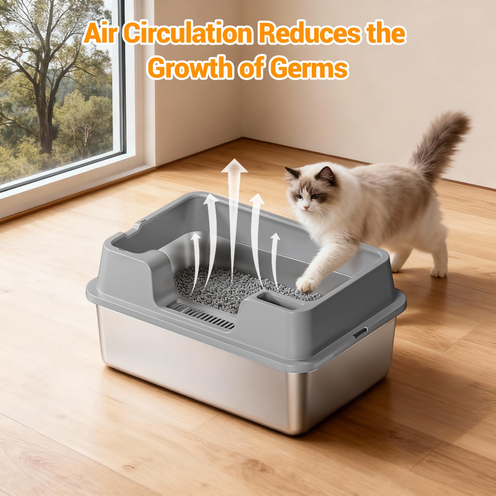 Garvee, grande lettiera per gatti in acciaio inox da 36 litri, semi-chiusa, con tappetino antiscivolo e paletta per lettiera, per famiglie con più gatti, 60x40x27 cm, grigio