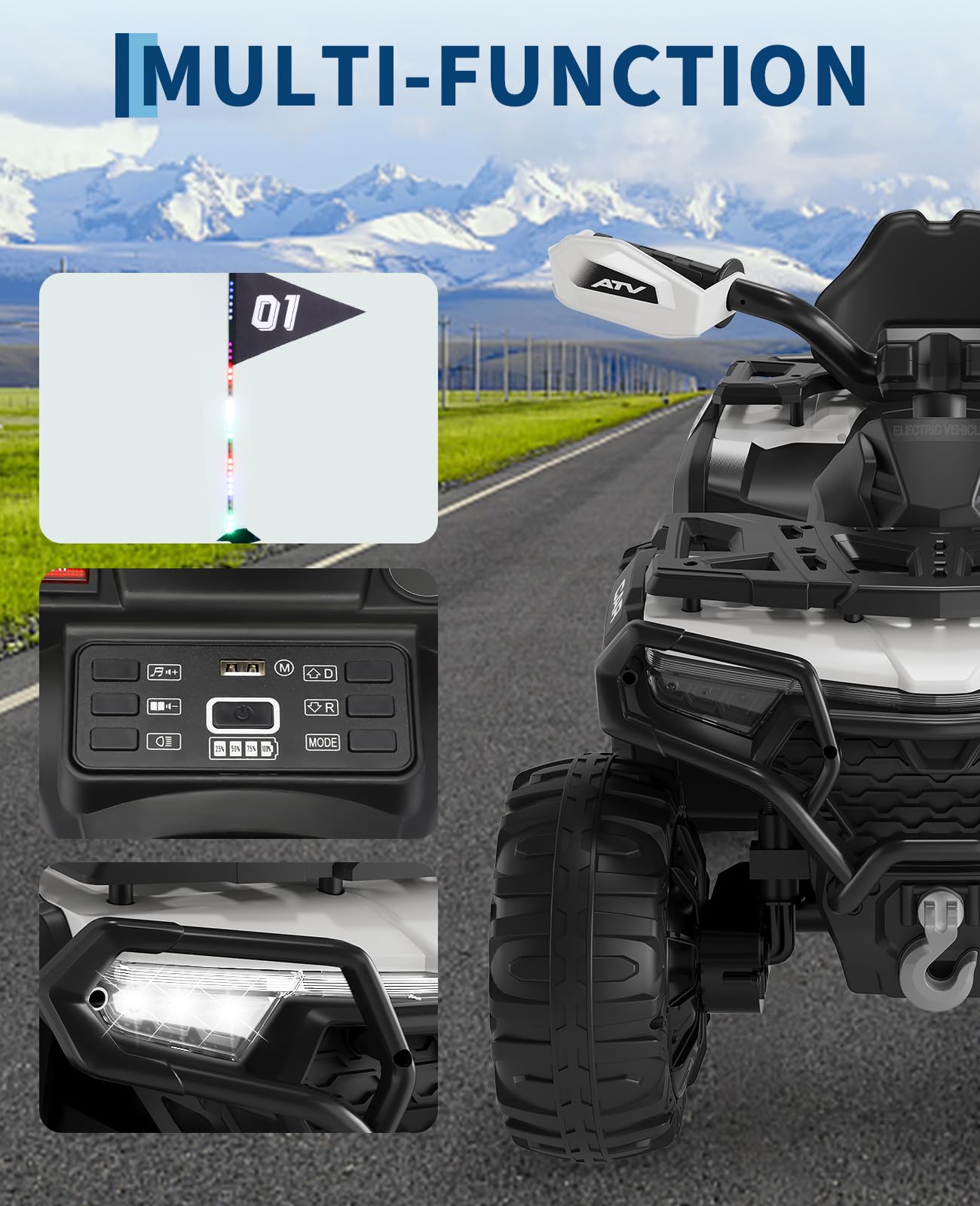 Quad elettrico per bambini Garvee 12V, colore argento, con telecomando, musica a LED per guida fuoristrada, dai 3 anni in su