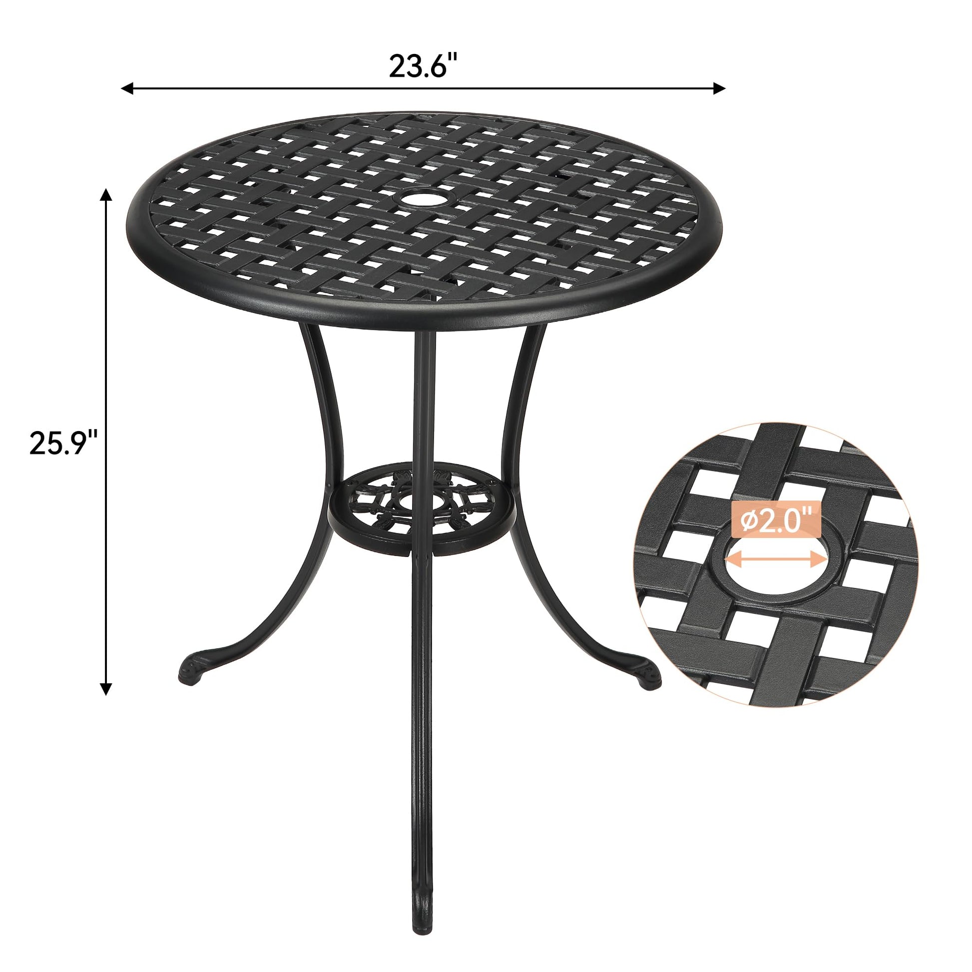 Tavolo da bistro da giardino Garvee rotondo da 24" con foro per ombrellone da 2" in alluminio resistente a tutte le intemperie, ferro robusto, nero classico, balcone e giardino