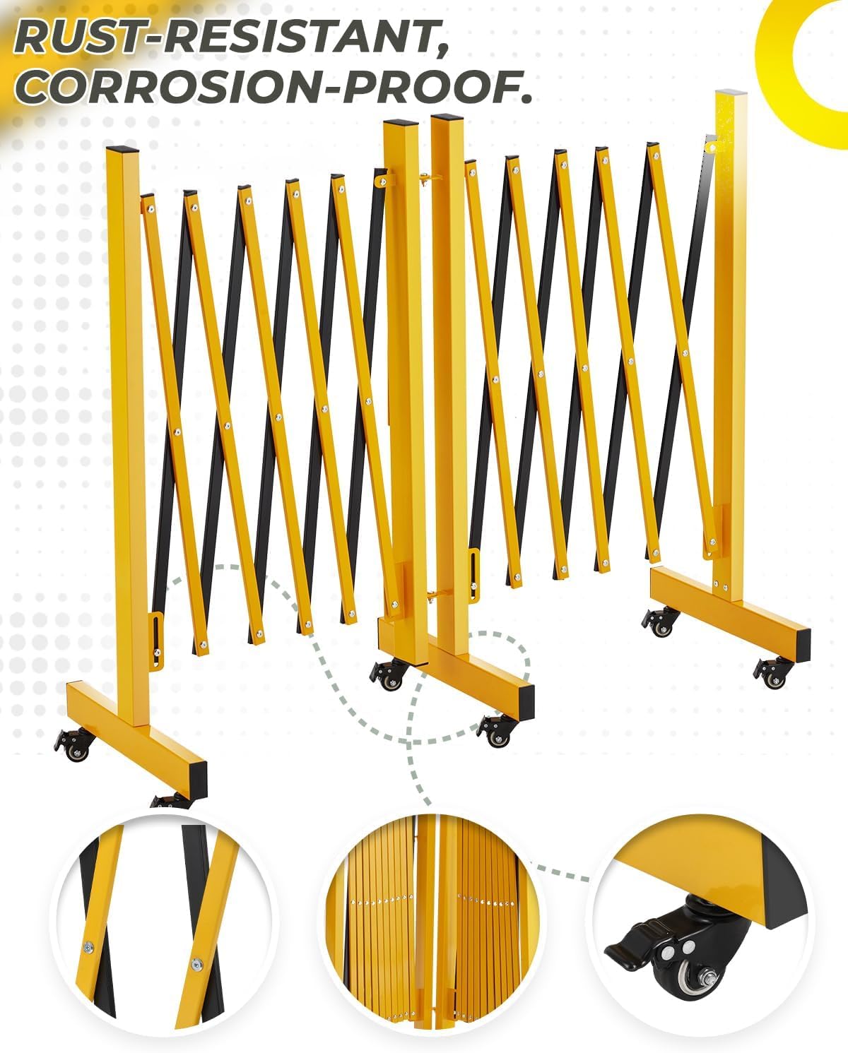 Barriera di sicurezza in metallo Garvee, estensibile, pieghevole, da 9 piedi, con ruote, in acciaio verniciato a polvere, per cantieri edili e magazzini, mobile, nera