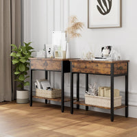 Tavolino laterale GARVEE con cassetto e tasca in tessuto - Comodino versatile in stile retrò per soggiorno e camera da letto (60x32x60 cm, marrone scuro)