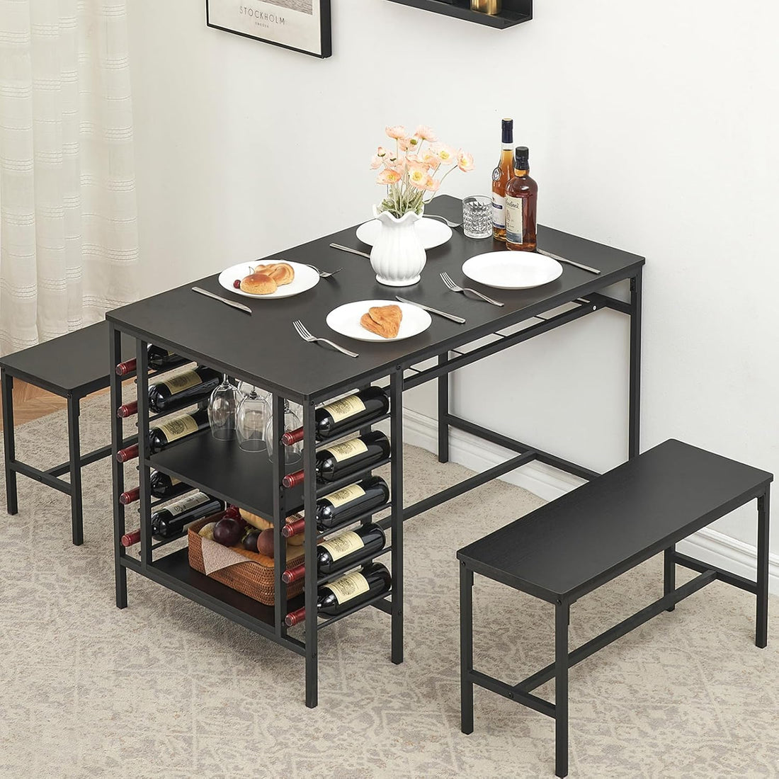 Set da pranzo Garvee per 4 persone con portabottiglie, spazio di archiviazione, metallo e legno, salvaspazio, robusto, stanze piccole