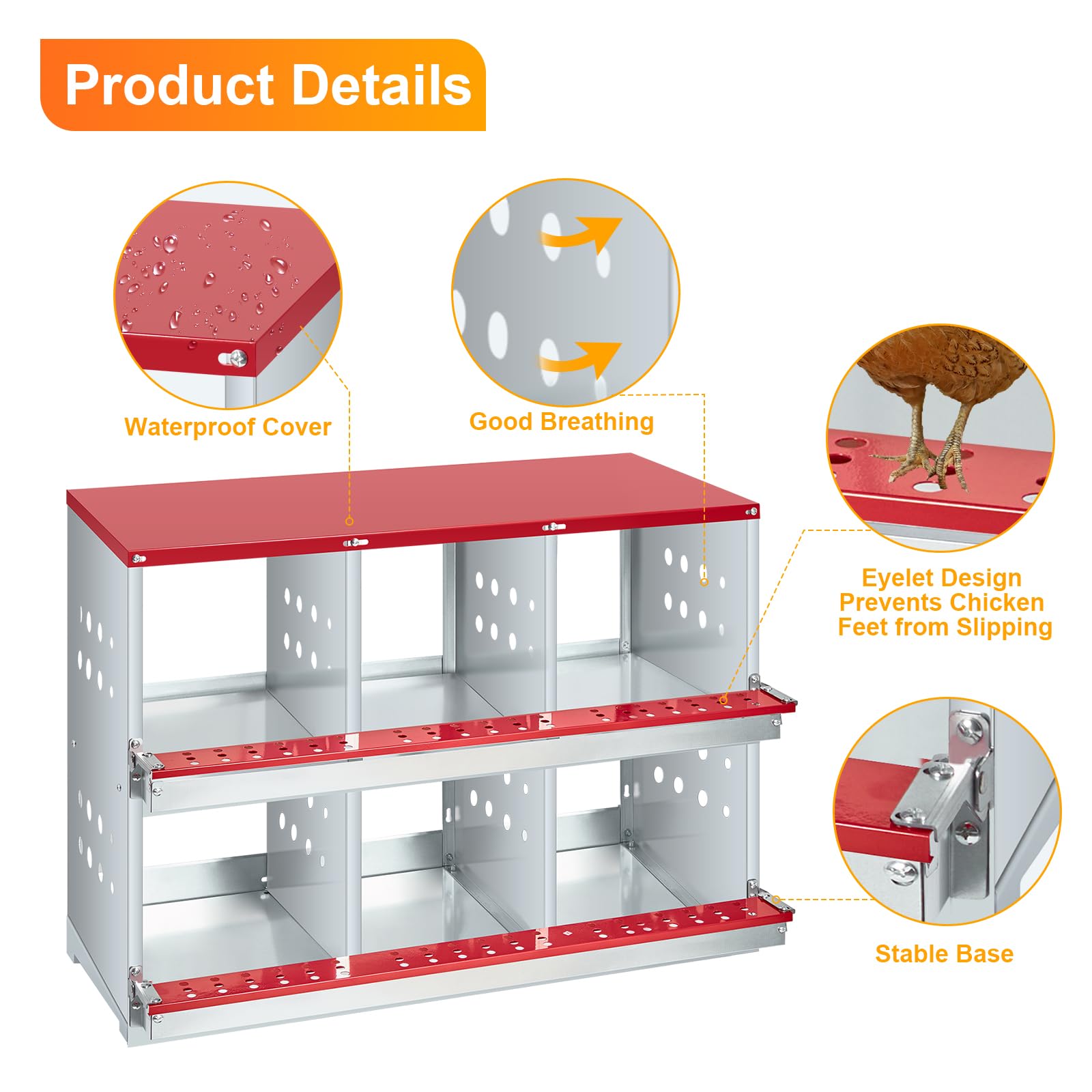 Nido per polli Garvee, 6 scomparti, acciaio zincato, ventilato, robusto, per polli e conigli nel pollaio, grande, metallo