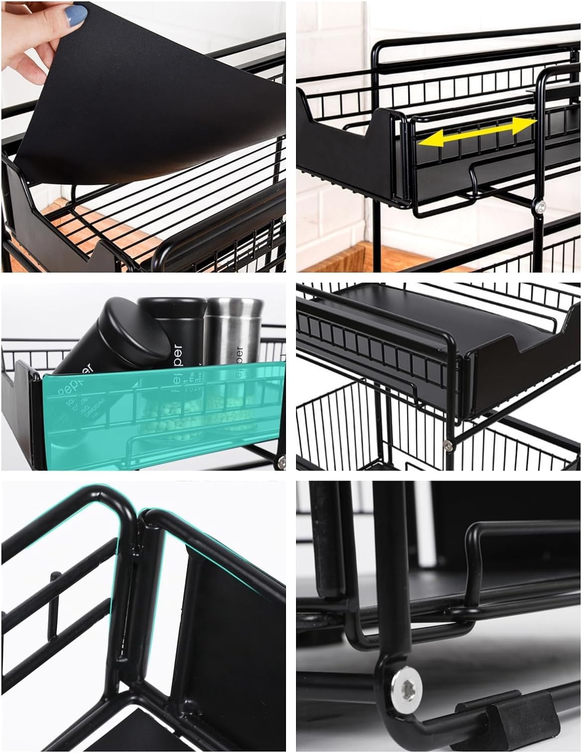 Mensola estraibile da cucina Garvee, portaspezie in metallo, cestello estraibile a 2 livelli, 21,9x37x44 cm, nero, organizer sottopensile per cucina