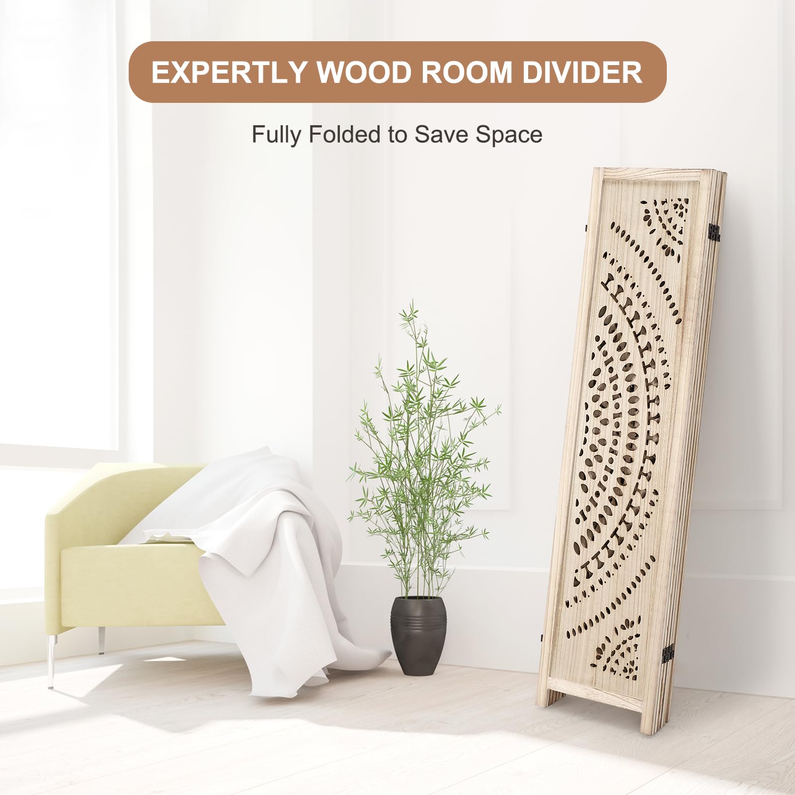 Divisorio per ambienti Garvee da 66,9 pollici, pieghevole, 6 pannelli, in legno di Paulownia, MDF, per soggiorno, ufficio, divisorio per la privacy, classico