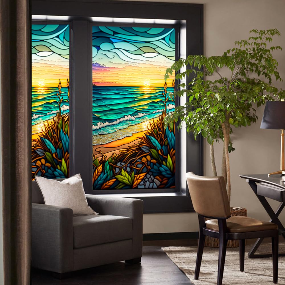 Pellicola per finestre in PVC Garvee con motivo tramonto sul mare, 45x100 cm, colorata, non adesiva, riutilizzabile, per soggiorno e ufficio