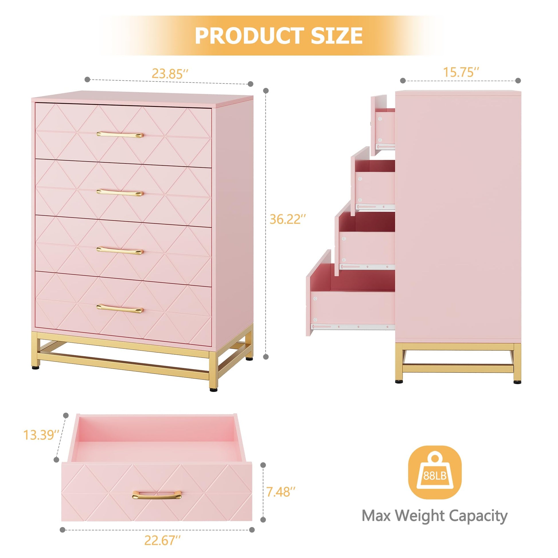 Cassettiera per camera da letto Garvee con 4 cassetti, maniglie in metallo, rosa, legno, viola in metallo robuste, salvaspazio, per soggiorno e ufficio