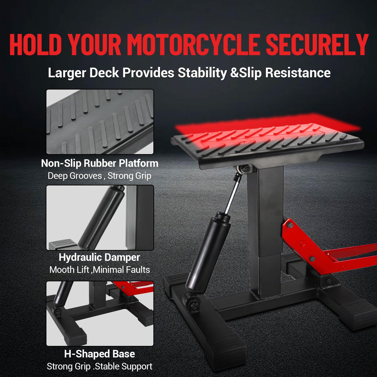 Supporto di sollevamento idraulico per moto da cross Garvee, capacità di 440 libbre, altezza regolabile, acciaio, gomma antiscivolo, per officina e garage