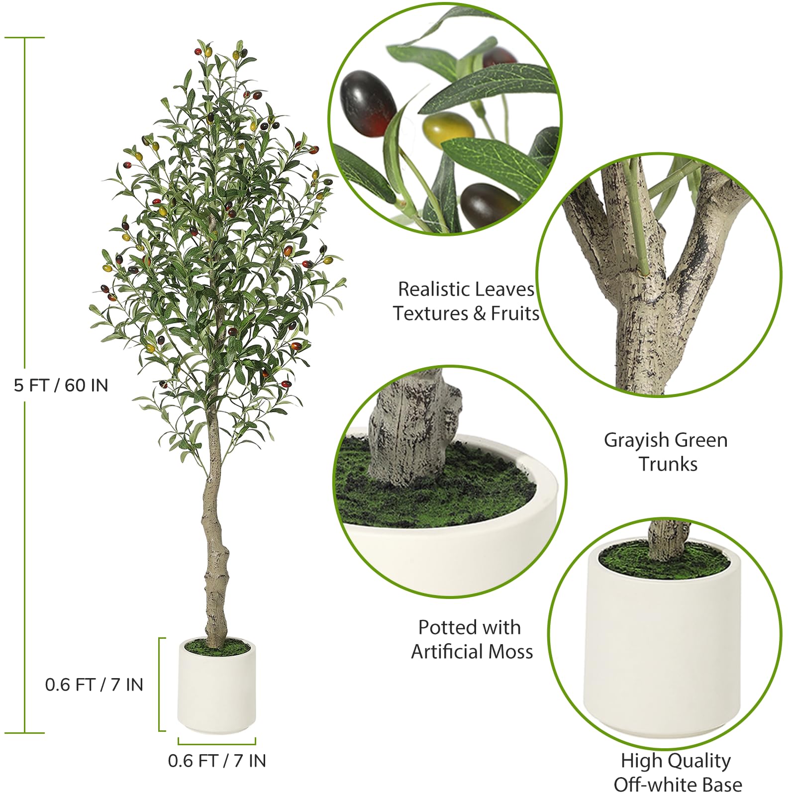 Albero di ulivo artificiale Garvee alto 5 piedi con tronco realistico e frutti per la decorazione di casa e ufficio, vaso bianco in PP ignifugo