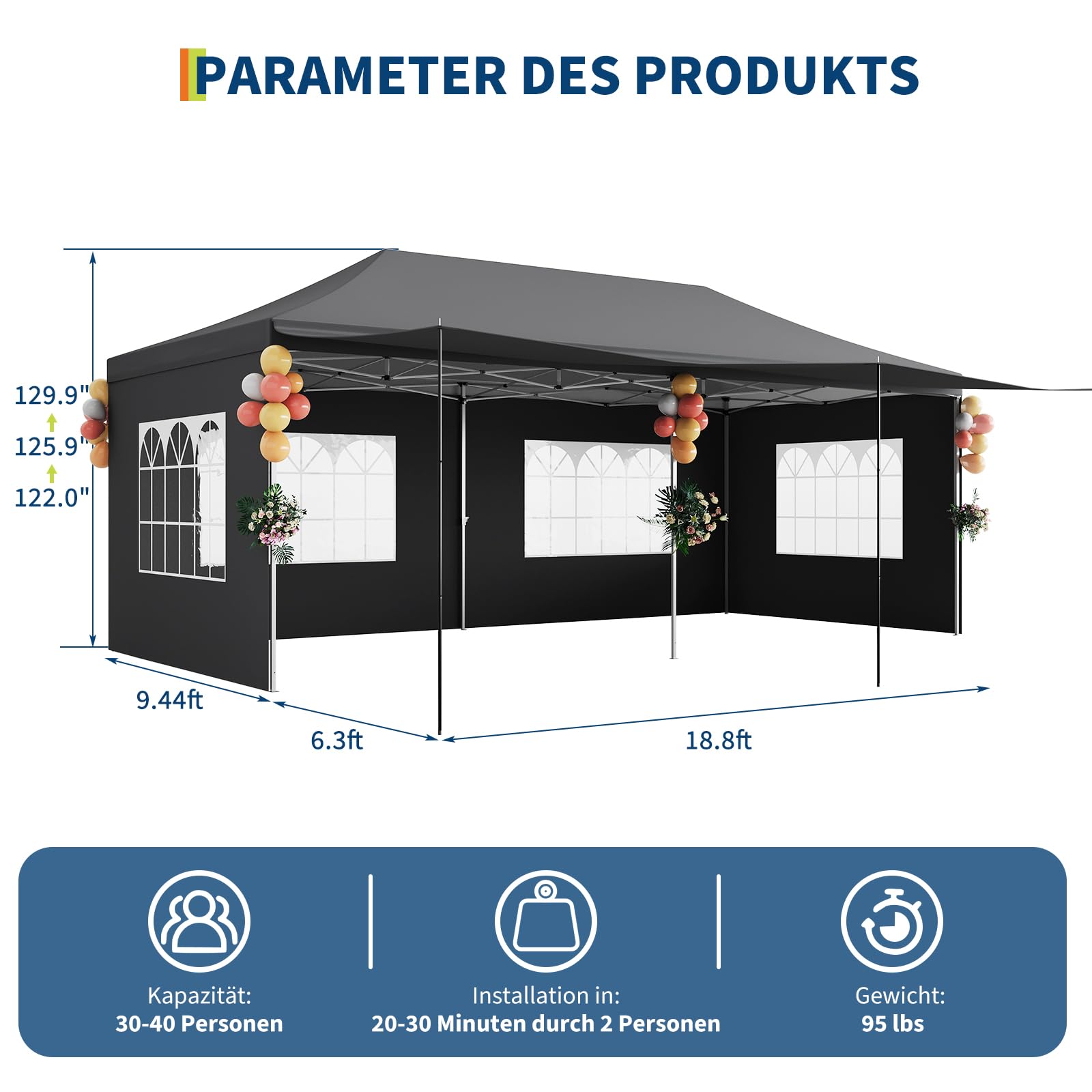 Gazebo 3x6M pieghevole Garvee Heavy Duty tenda a baldacchino con 6 pannelli laterali rimovibili per feste commerciali, altezza regolabile, grigio
