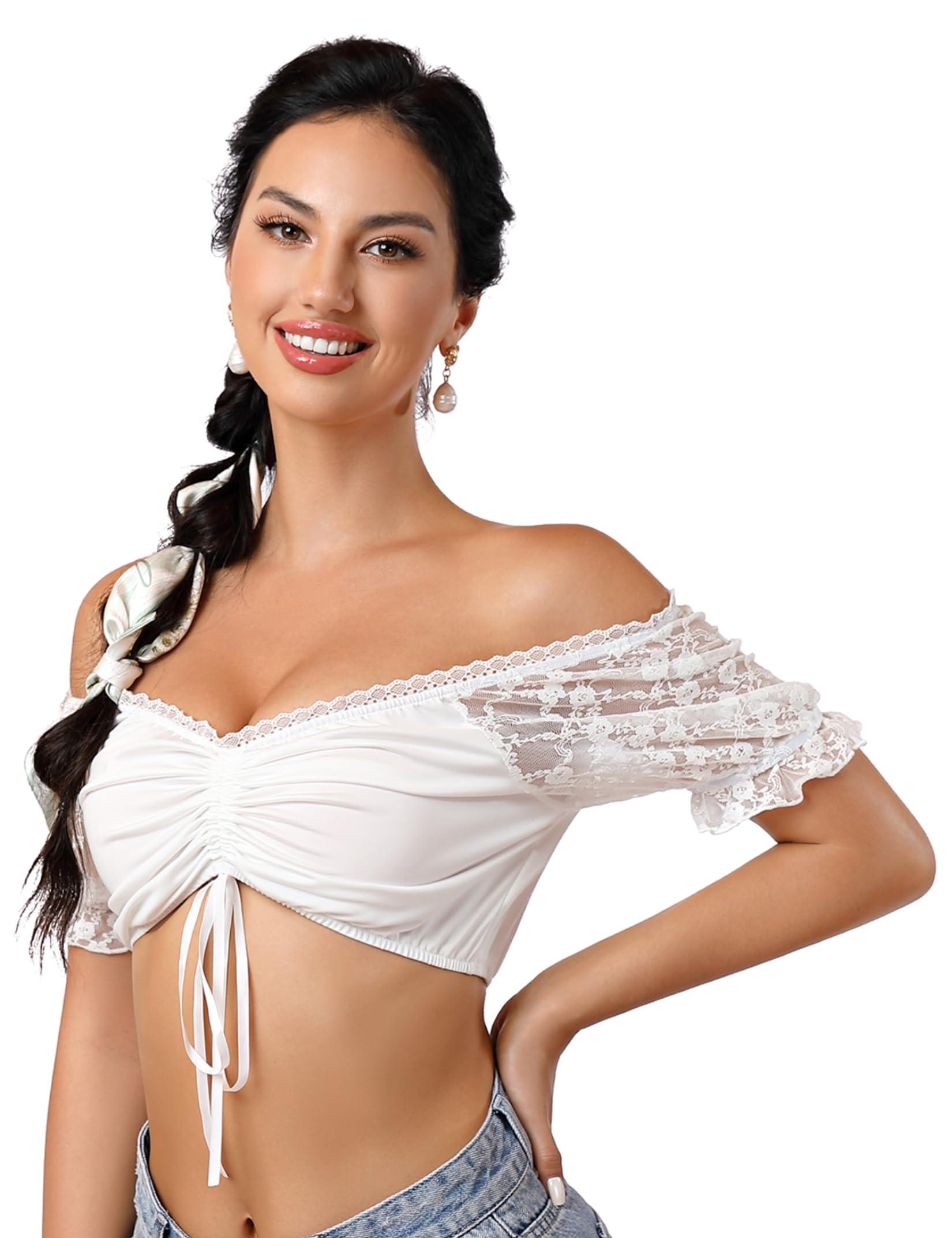 Camicetta Dirndl Garvee in pizzo bianco da donna, camicetta tradizionale, manica corta, spalle scoperte, per l'Oktoberfest, taglia 42