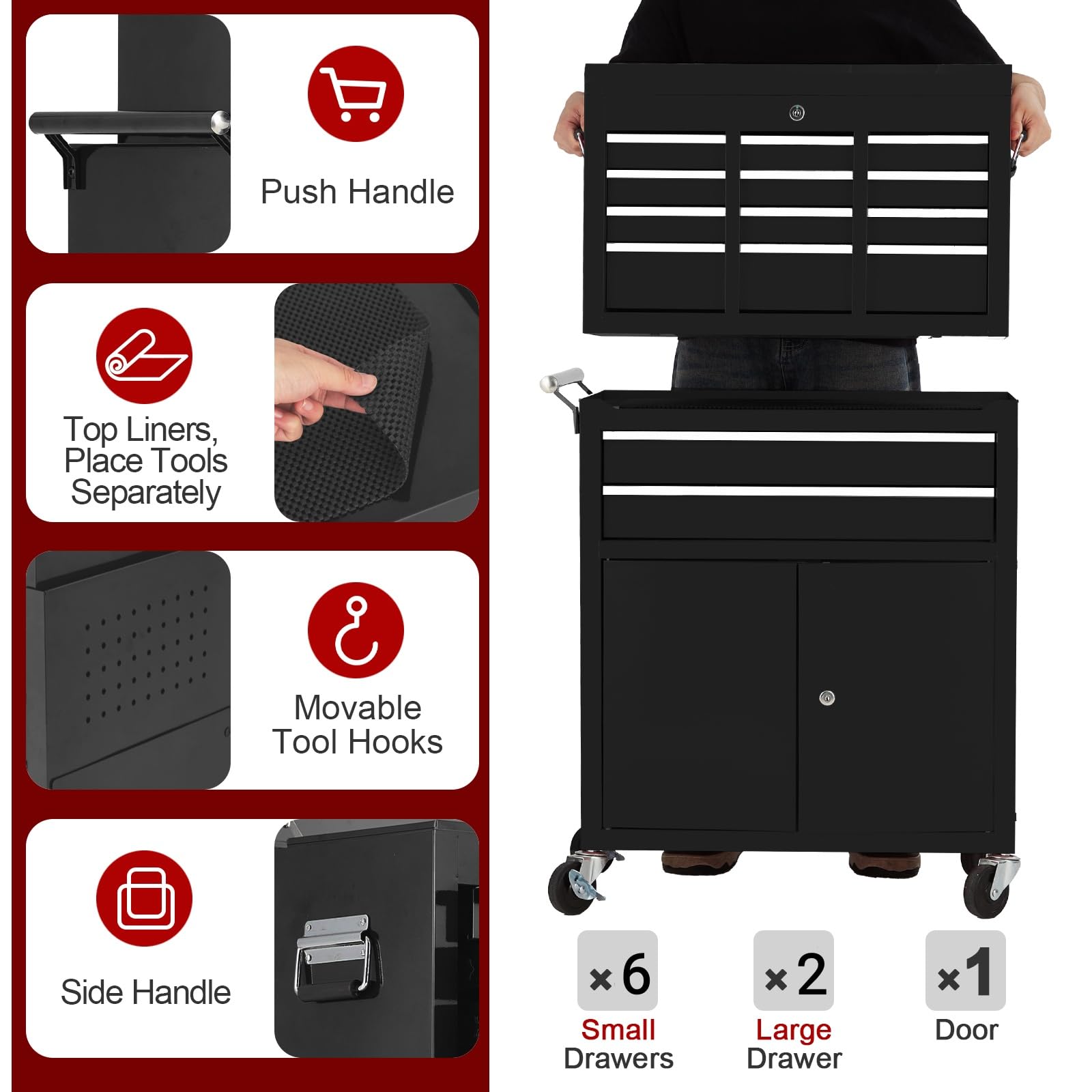 Armadio portautensili Garvee con 8 cassetti, mobile, 2 in 1 staccabile, in metallo, con serratura, per officina e garage, 24 pollici, nero
