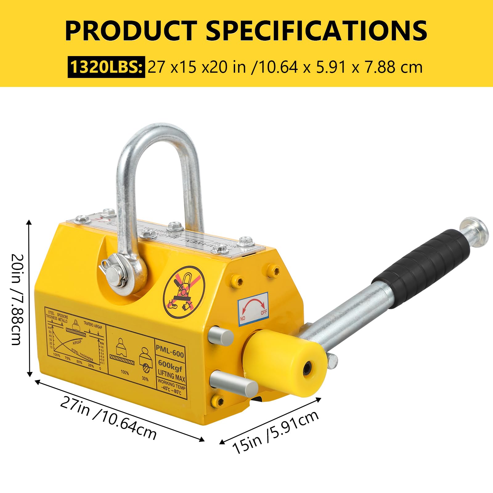 Sollevatore magnetico Garvee da 1320 libbre, magnete per impieghi gravosi con fattore di sicurezza 2,5 per industria e officina, permanente, piastre in acciaio, barre tonde