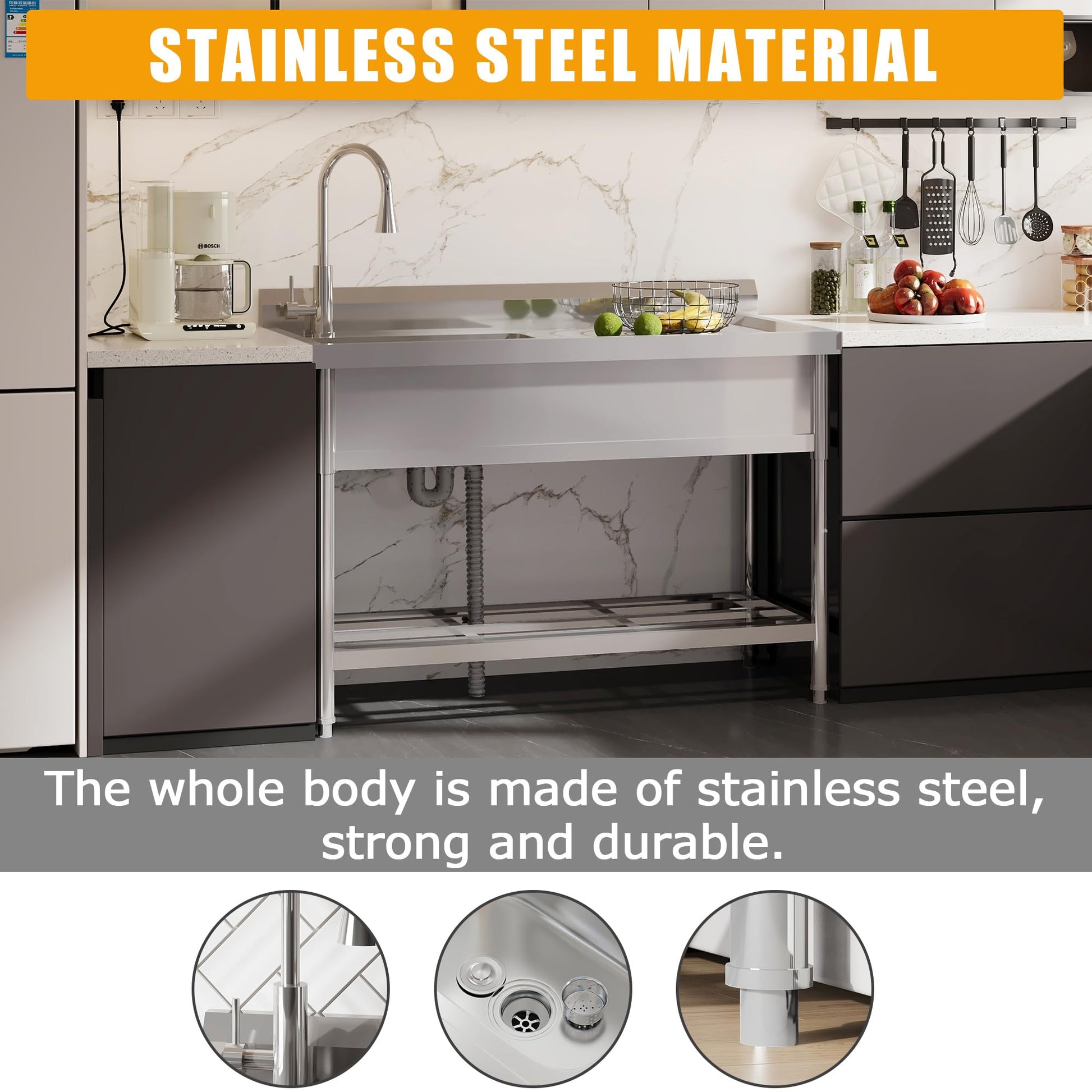 Lavello da cottura industriale Garvee in acciaio inox dalle grandi dimensioni 120x51x94cm Lavello da cottura industriale in robusto acciaio inox e con elevata capacità di carico per applicazioni professionali