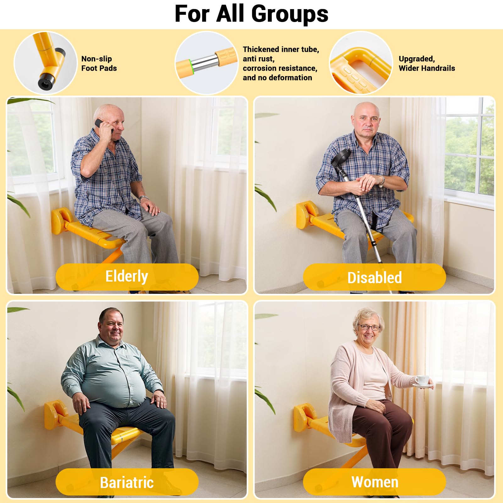 Sgabello da doccia pieghevole Garvee, sedile da doccia a parete in acciaio inossidabile fino a 150 kg, salvaspazio, per anziani, disabili e bambini, sgabello da bagno, ausilio per bagno e WC