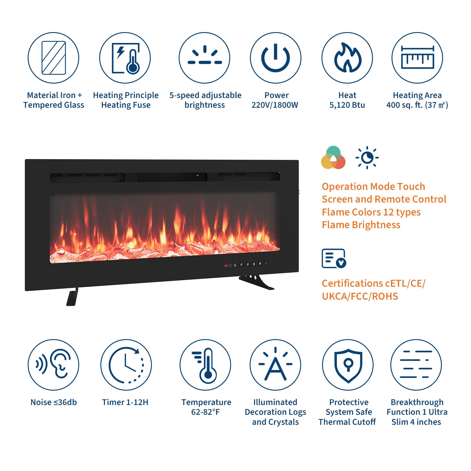 Camino elettrico Garvee, ultrapiatto, da parete, possibilità di installazione a incasso, con telecomando, riscaldatore da 1800 W, 12 colori, timer fino a 12 ore, certificato ETL per 37 m², design moderno, frontale in vetro e aspetto legno/cristallo