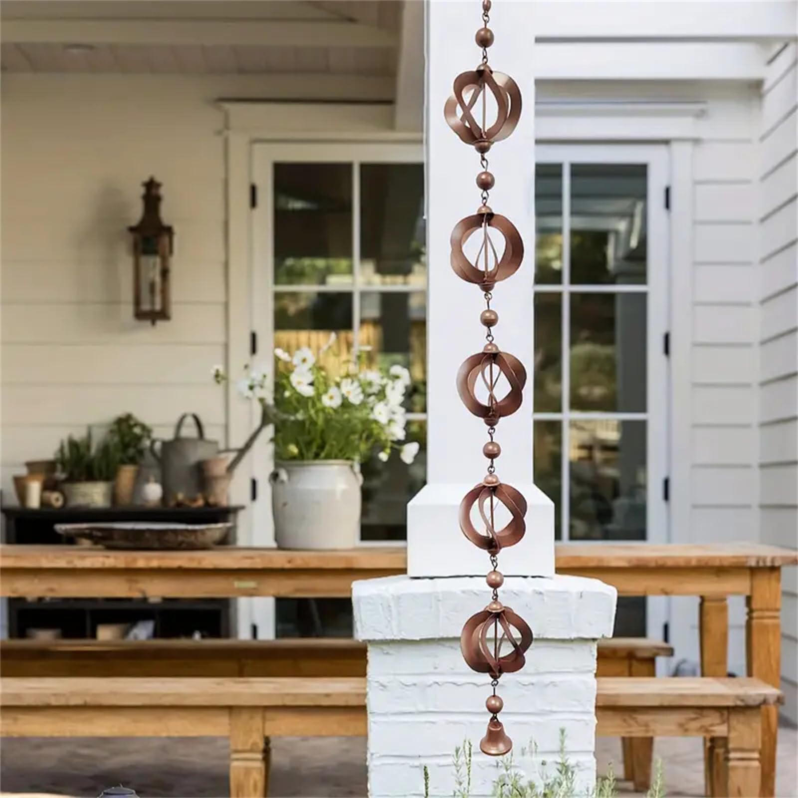 Garvee Catena Pioggia in Metallo con Campana - 108cm, Resistente, Antiruggine, Decorazione Giardino Esterni, Suono Naturale