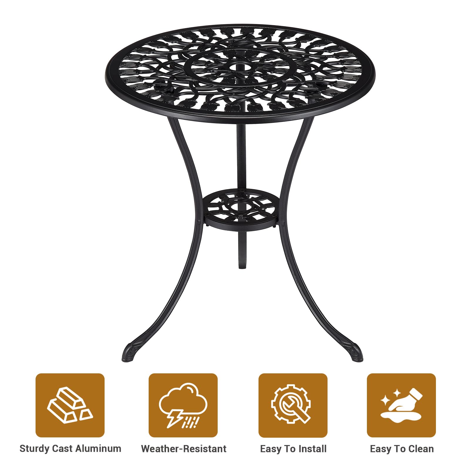 Tavolo da bistrot da esterno Garvee da 24" in ghisa rotonda con foro per ombrellone da 2" per balcone e giardino, nero