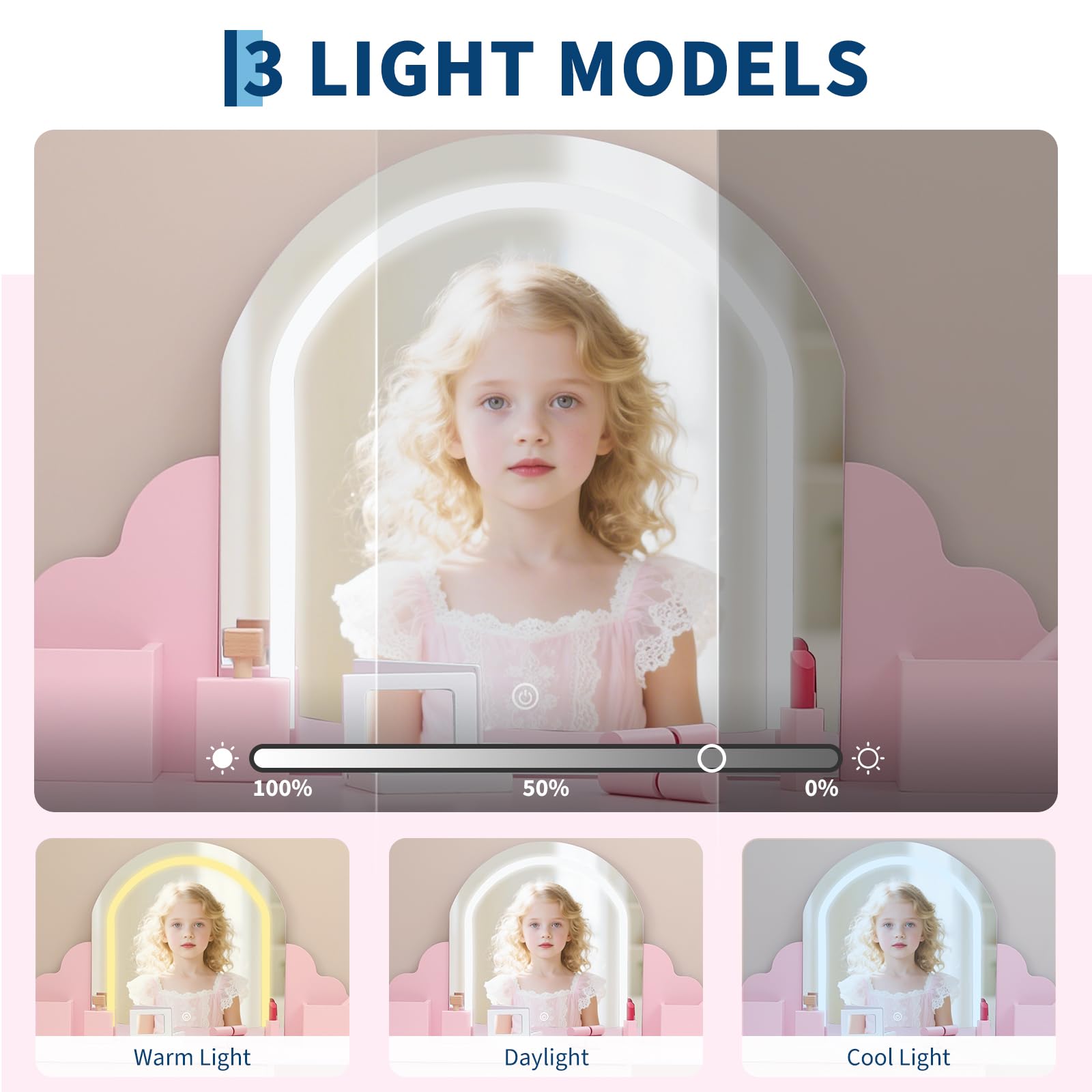 Tavolo da toeletta per bambini Garvee con luce LED e sgabello, regolabile, MDF, spazio di archiviazione, rosa, per bambine dai 3 ai 9 anni, sala giochi e camera da letto