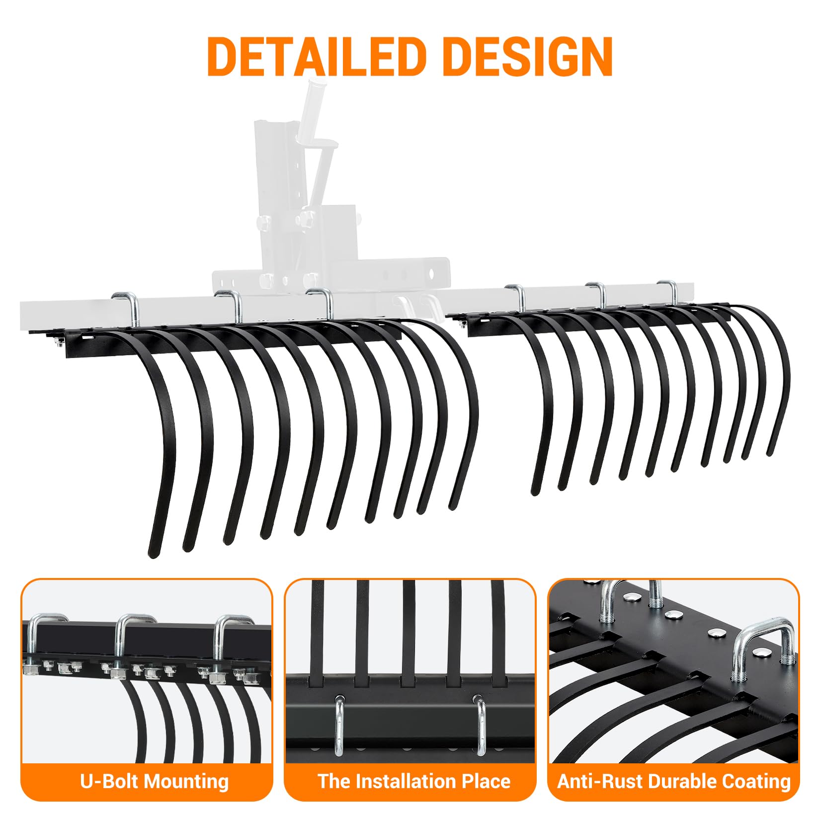 Rastrello da giardino Garvee da 60 pollici per trattore ATV UTV, 20 denti in acciaio, acciaio al carbonio, nero, giardinaggio