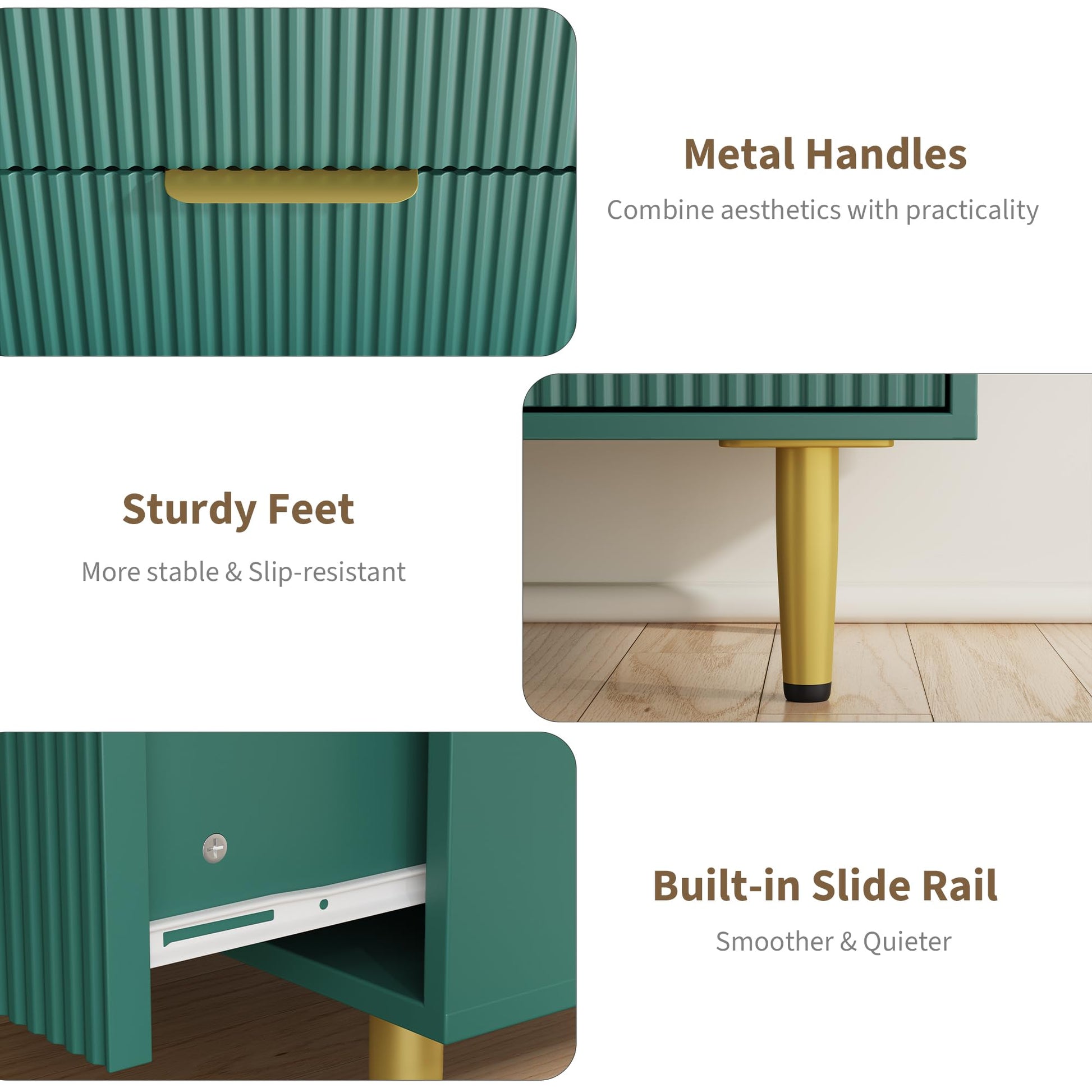 Cassettiera scanalata Garvee con 3 cassetti, MDF, maniglie e piedini in metallo, verde, design moderno, protezione antiribaltamento per camera da letto e corridoio