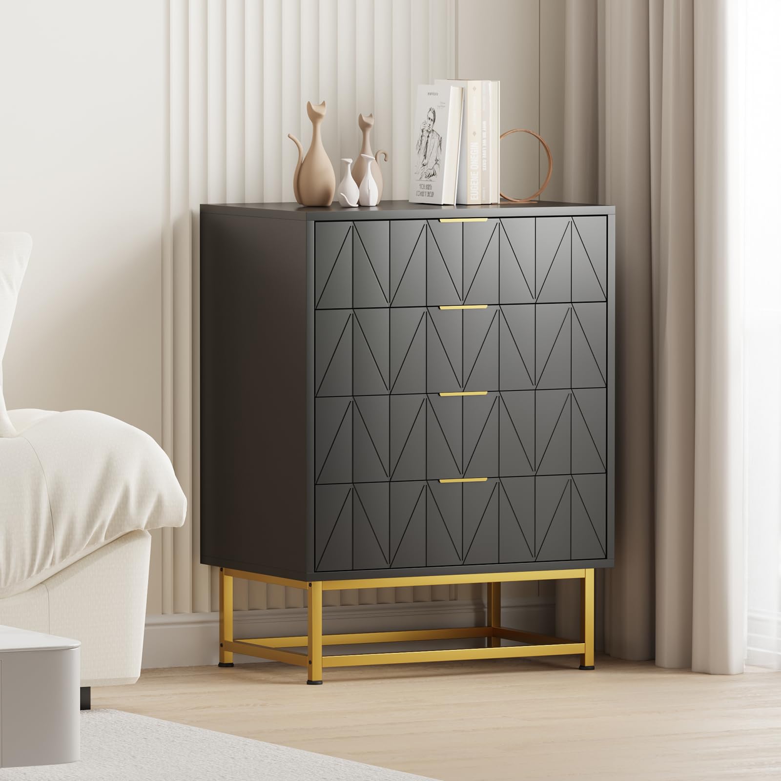 Cassettiera Garvee a 4 cassetti con gambe in metallo per soggiorno e camera da letto, 32 pollici, moderna, cassetti in tessuto, robusta